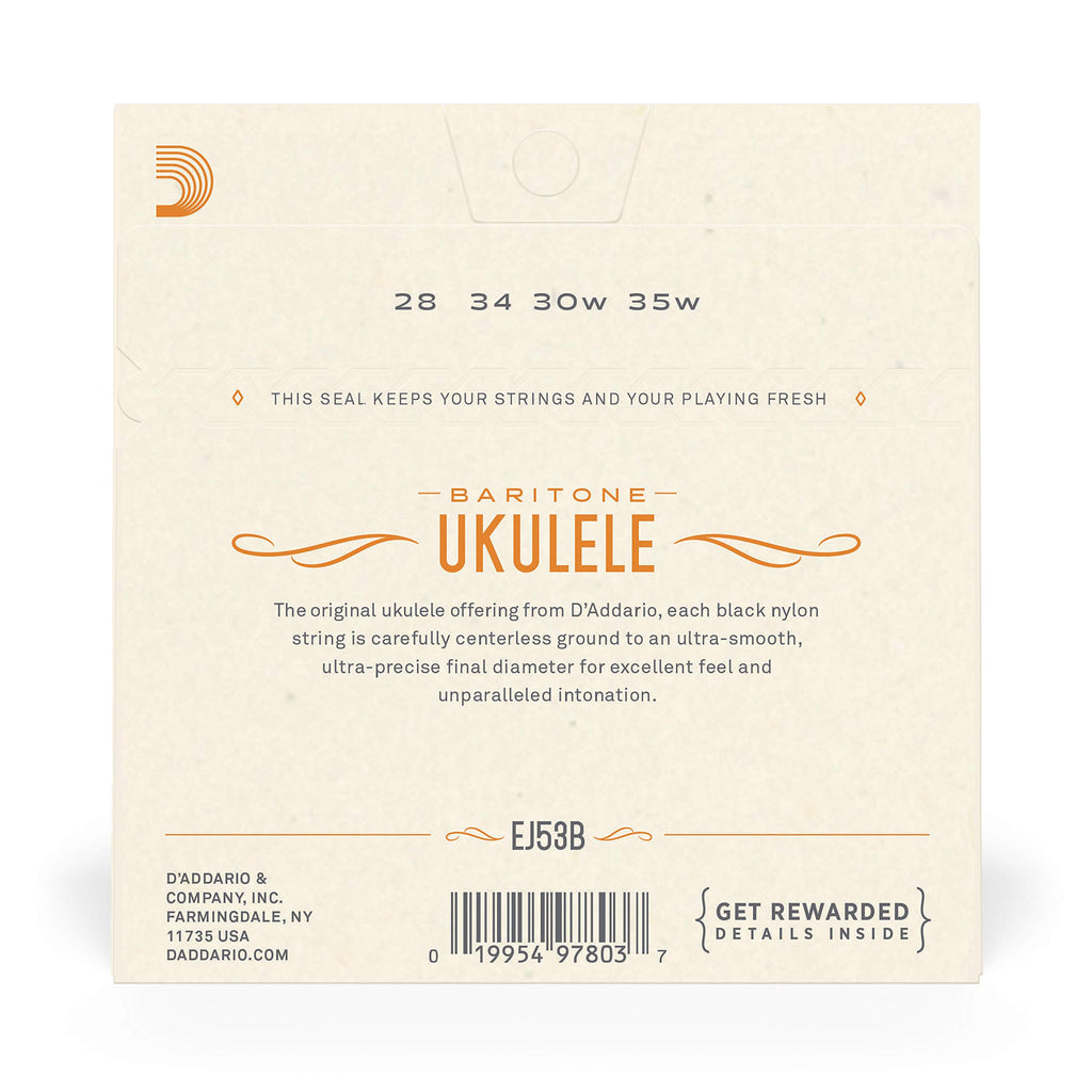D'Addario Baritone Ukulele Strings, Fluorocarbon, EJ99B, 4-String Set, Pack of 1