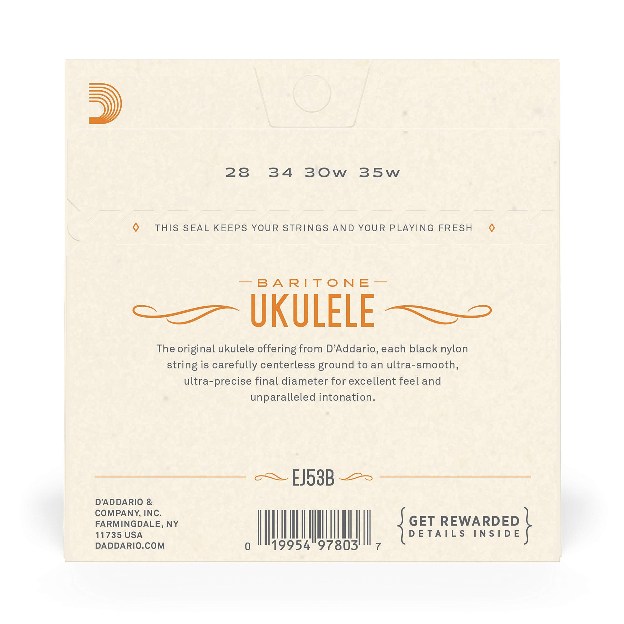 D'Addario Baritone Ukulele Strings, Fluorocarbon, EJ99B, 4-String Set, Pack of 1