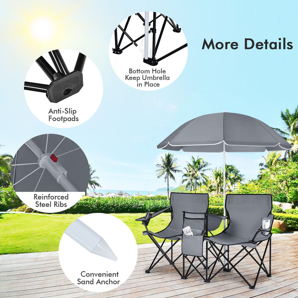 COSTWAY Double Portable Picnic Chairs, Folding Camping Chairs w/Detachable Umbrella, Cooler Bag, Cup Holders, Patio Beach Camping Chairs for Outdoors