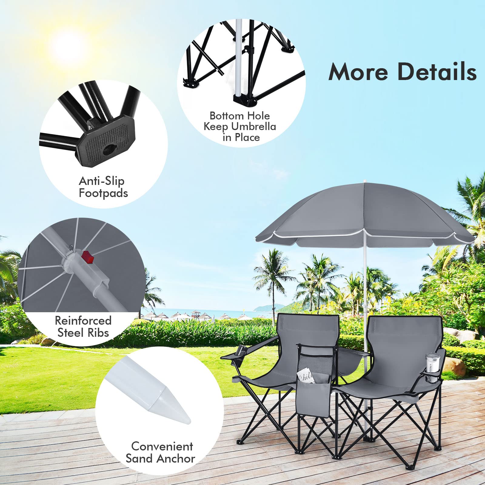 COSTWAY Double Portable Picnic Chairs, Folding Camping Chairs w/Detachable Umbrella, Cooler Bag, Cup Holders, Patio Beach Camping Chairs for Outdoors