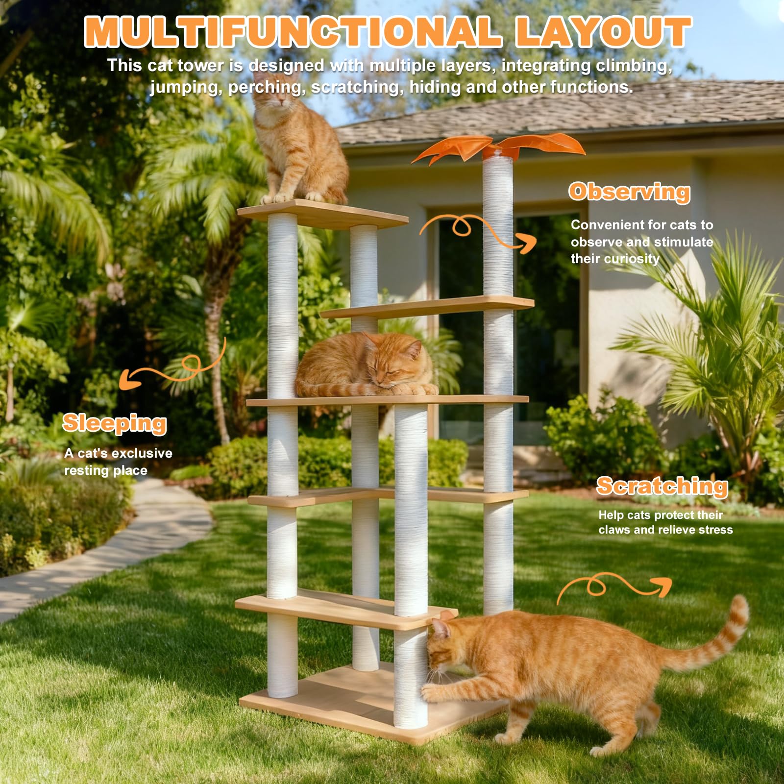 Tall Cat Tree for Outdoor and Indoor Cats, Weatherproof Large Outdoor Cat Tree Tower with Scratching Posts