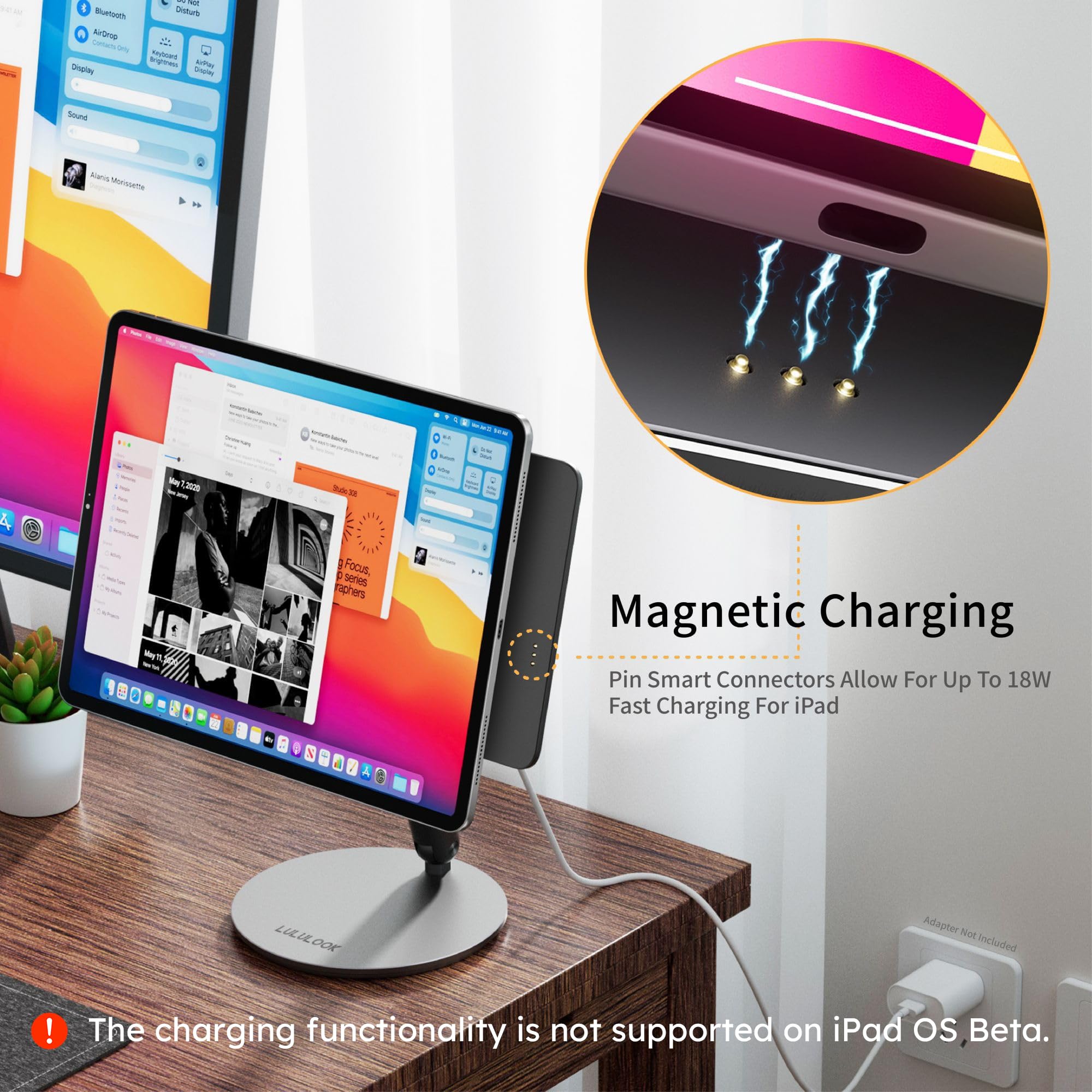 LULULOOK [Upgrade Magnetic Wireless Charging Stand for iPad Air 11" M4 (2026)/M3/M2, Foldable Aluminum Alloy iPad Pro Desk Stand with 360° Rotating Base for Pro 11" 1st/2nd/3rd/4th, Air 10.9 4th/5th