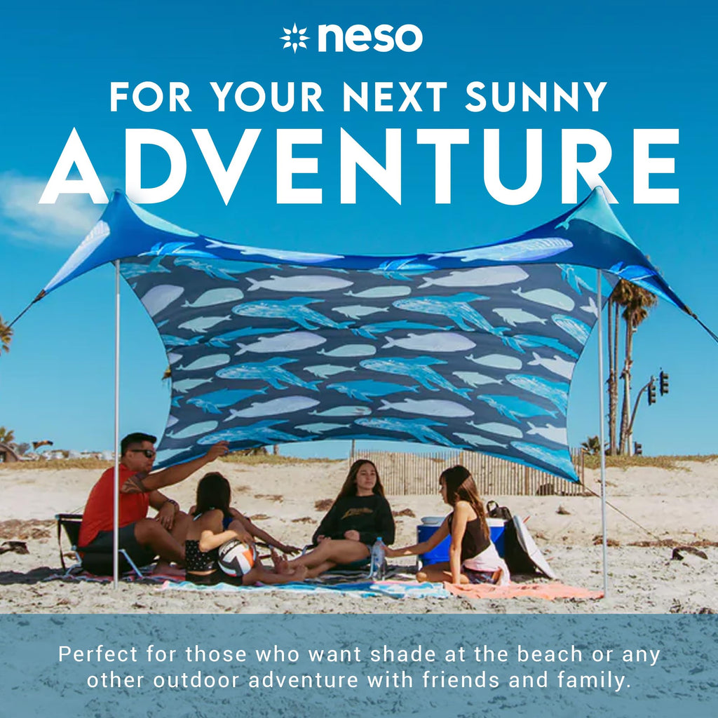 Neso Gigante Portable Beach Tent Sun Shelter - Lightweight Beach Shade Canopy - Easy Setup for Family Outings - Patented Reinforced Corners - UPF 50+ - 8ft Tall, 11 x 11ft - Save The Whales