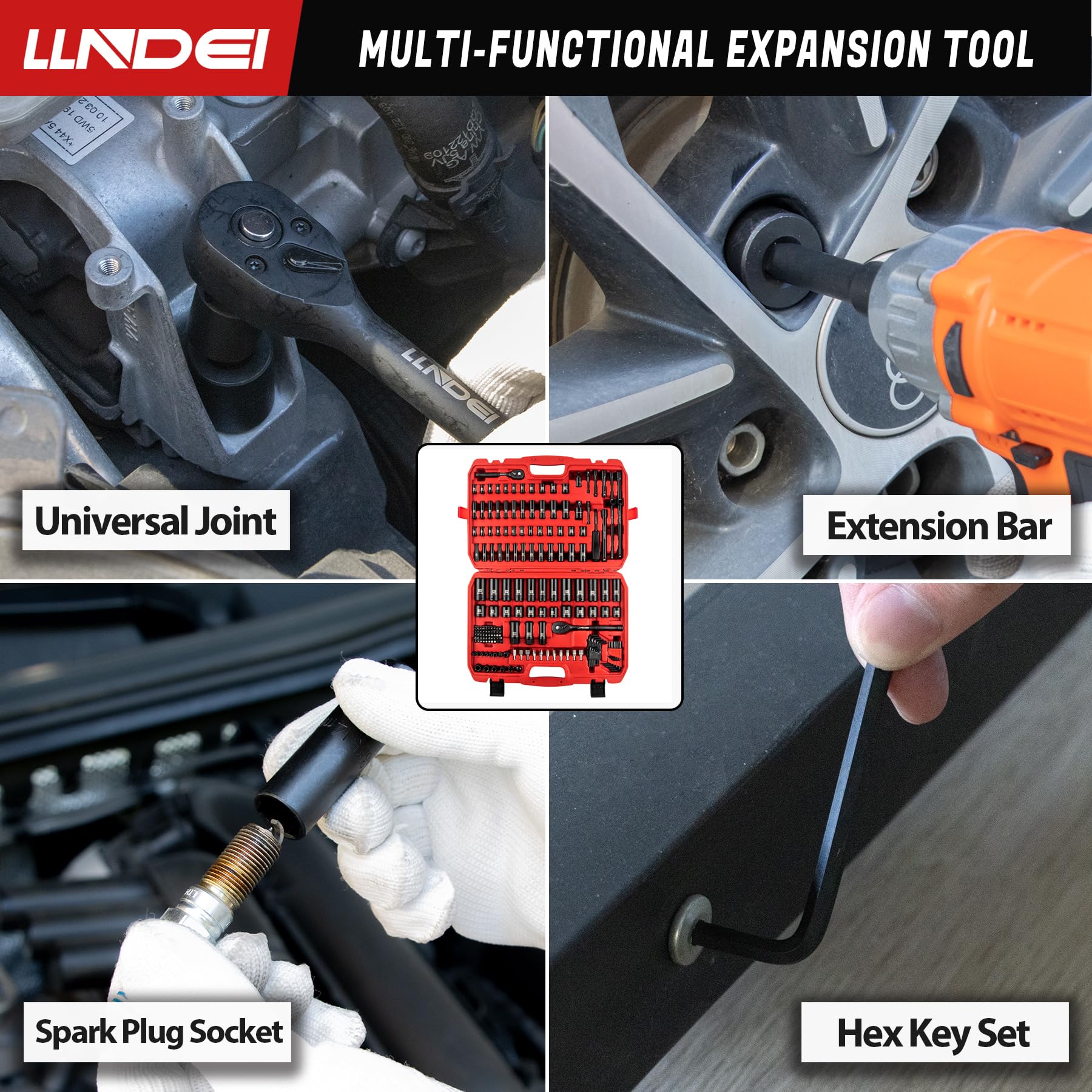 LLNDEI 1/2 inch Drive Deep Impact Socket Set, 37 Piece Standard SAE 3/8" to 1-1/4" | Metric 8 to 24mm, Includes Spark Plug Socket (16, 21mm), CR-MO Universal Joint, Extension Bars and Adapter