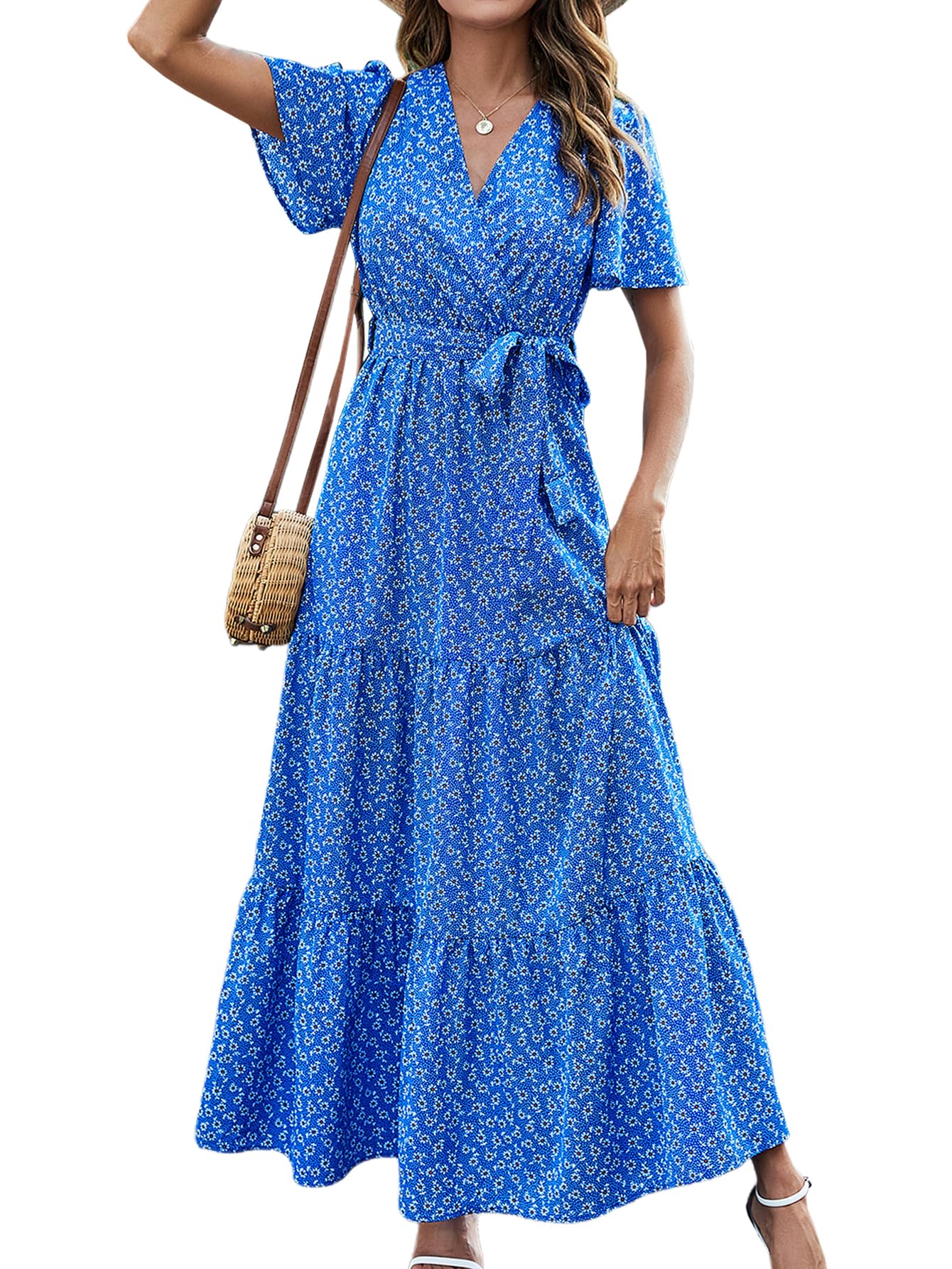 MASCOMODA Womens Summer Swiss Dot Maxi Dresses Wrap V Neck Flutter Short Sleeve Boho Casual Flowy Long Wedding Guest Dress