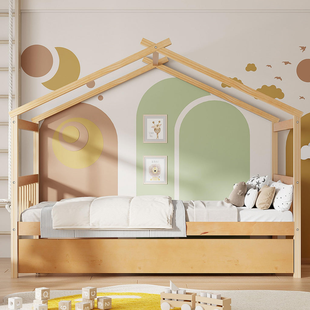 Merax Twin Size Wooden House Bed with Two Drawers, Wood Bed Frame with Roof for Kids, Teens, Boys or Girls, Grey