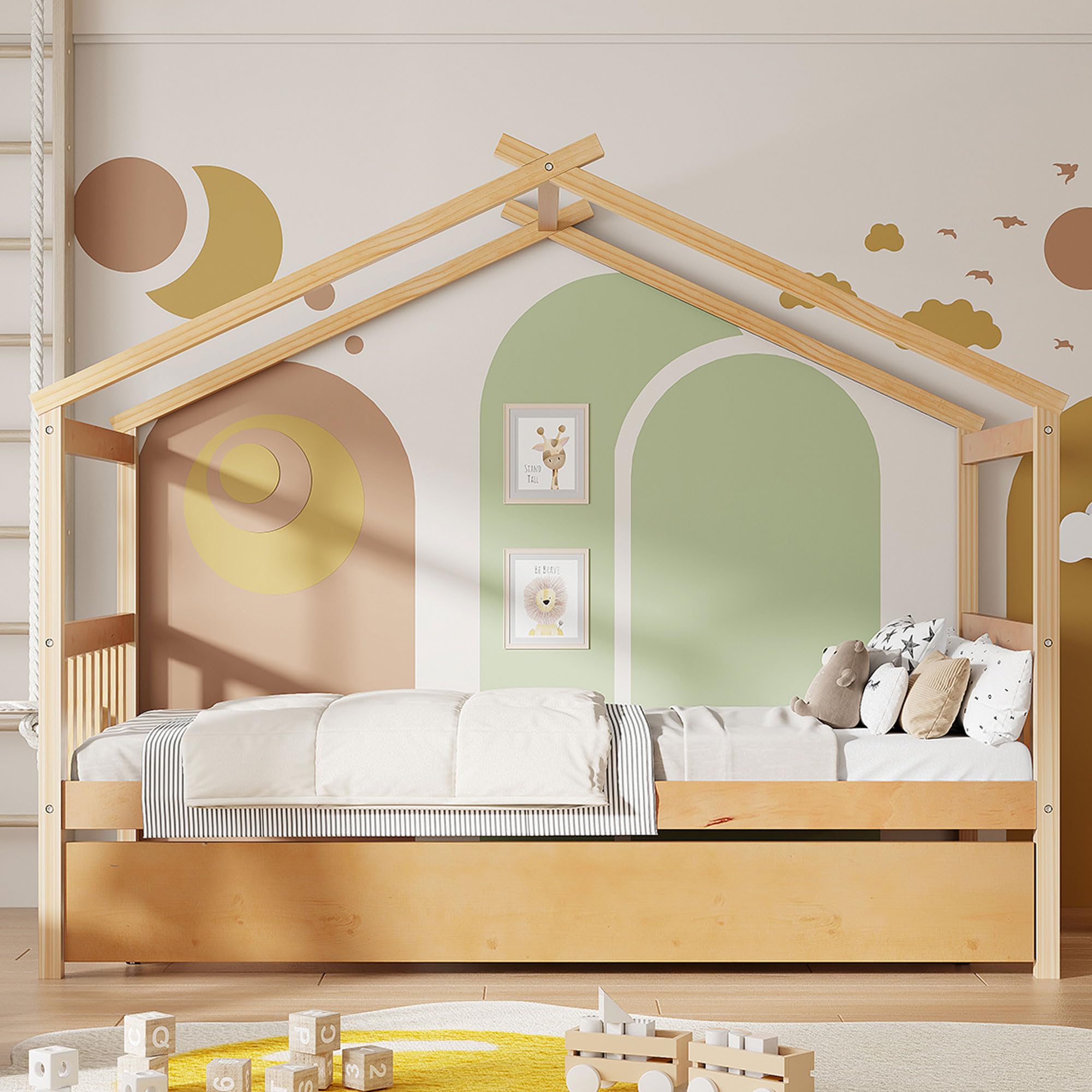 Merax Twin Size Wooden House Bed with Two Drawers, Wood Bed Frame with Roof for Kids, Teens, Boys or Girls, Grey