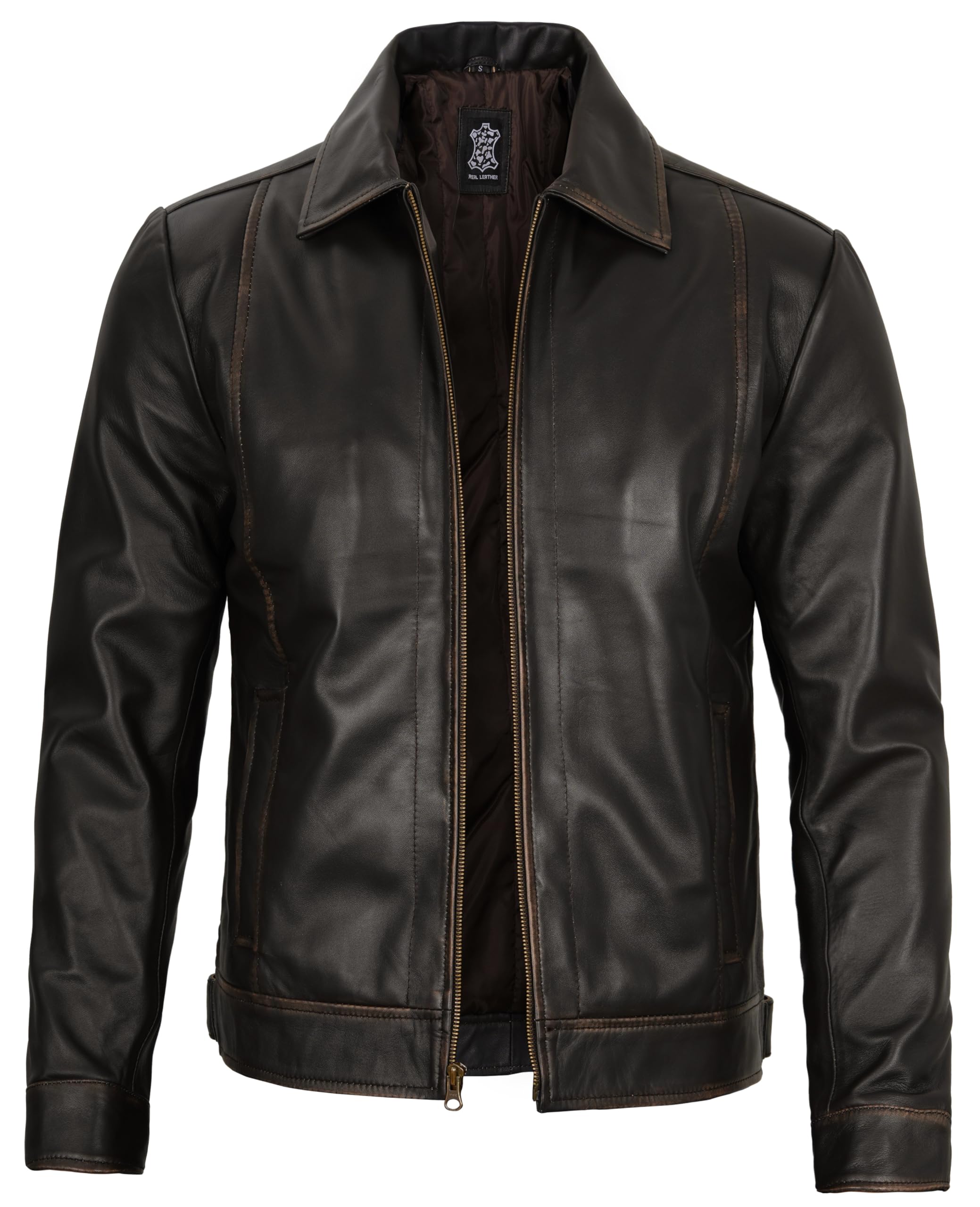 Decrum Vintage Style Mens Leather Jacket - Real Lambskin Classic Shirt Collar Leather Jackets for Men