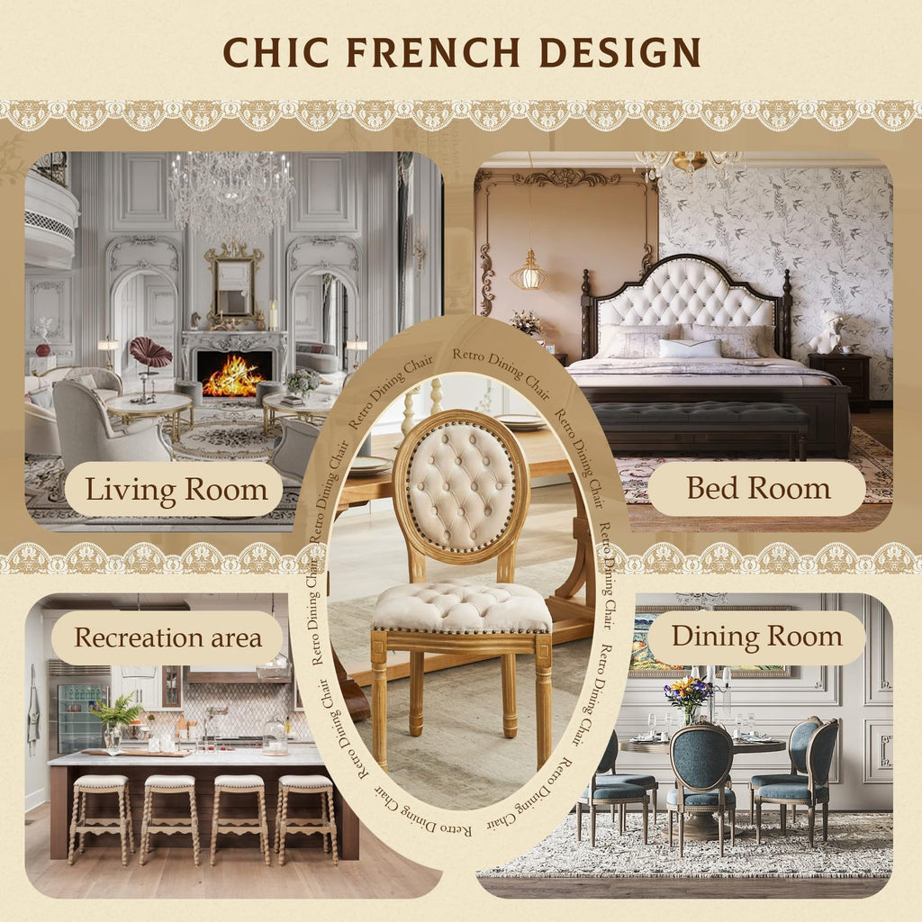 SoarFlash Linen French Dining Chairs Set of 2, Vantage Dining Chair with Round Back, Wood Leg Farmhouse Country Dining Chair for Living Room,Kitchen,Bedroom,Beige