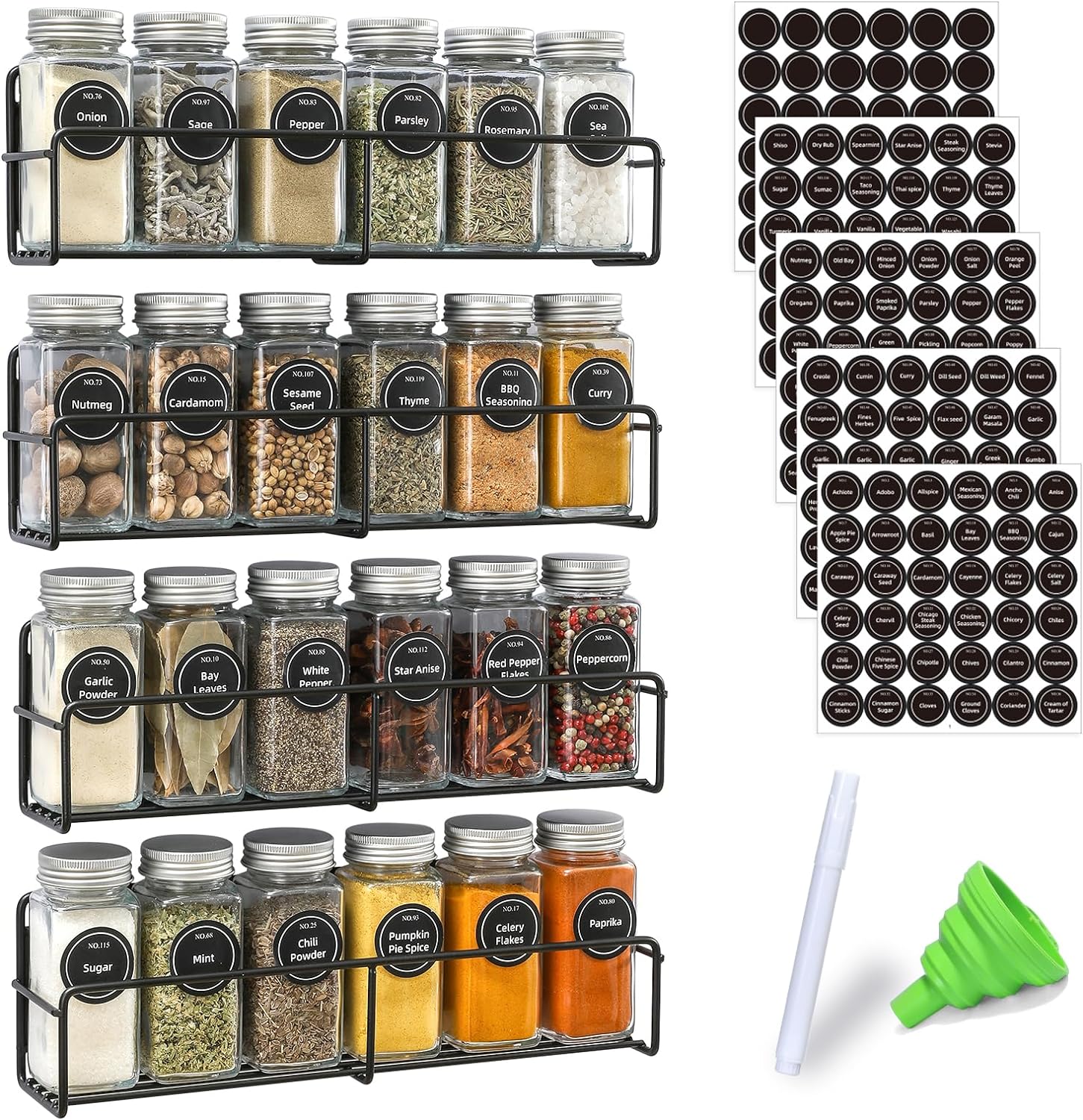 VITEVER Magnetic Spice Rack, 4 Pack, 24 Square Glass Jars with Lids, Quick-Find Pre-Printed Labels, Funnel, Space Saver, Refrigerator and Microwave Oven Organizer