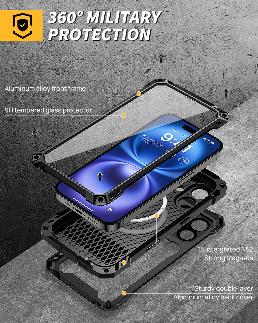 Lanhiem for iPhone 16 Metal Case with Camera Cover & Stand [Compatible with MagSafe] [Built-in Kickstand] [Military-Grade Protection] Heavy Duty Rugged Magnetic Phone Case, Black