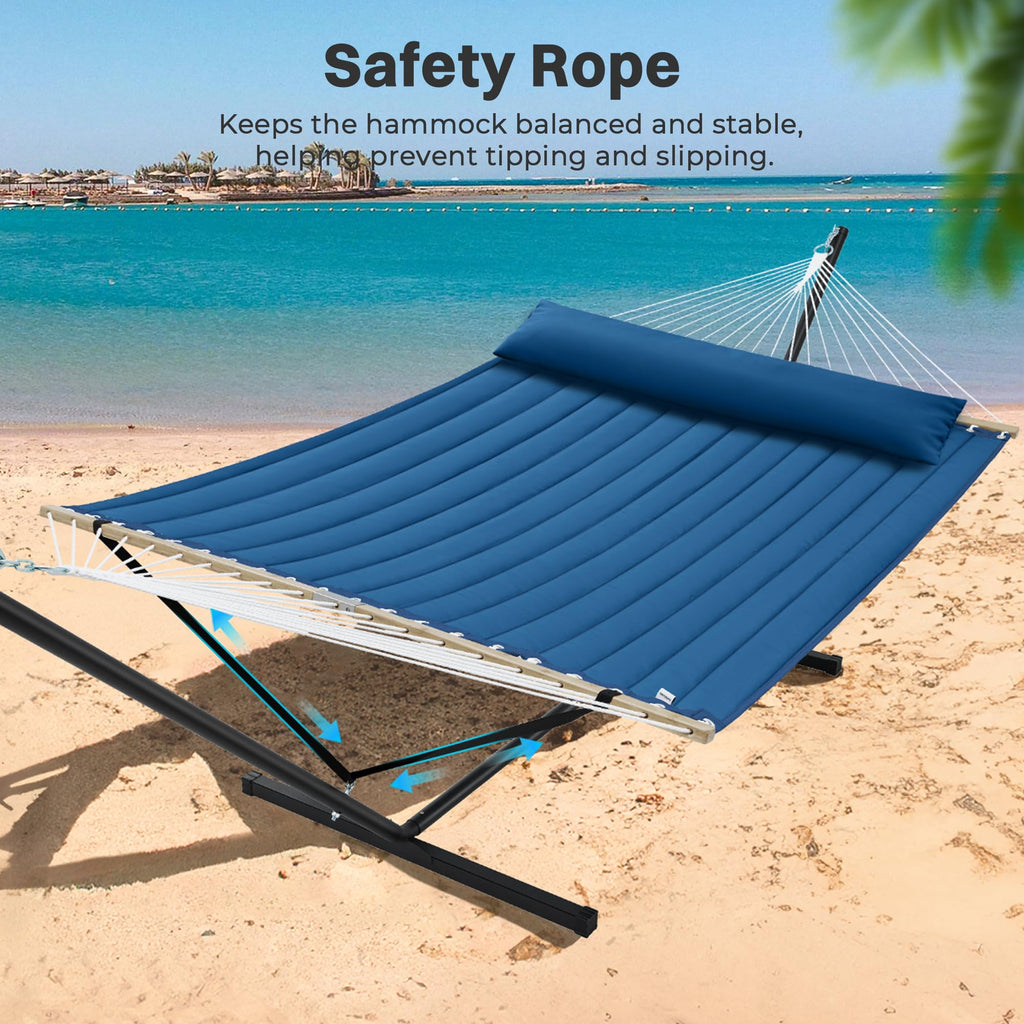 SUPERJARE Hammock with Stand, 2 Person Quilted Outdoor Hammock, Detachable Pillow & Bamboo Spreaders, Portable Hammock with Carrying Bag, Heavy Duty Stand, Perfect for Outside, Patio, Aqua Blue