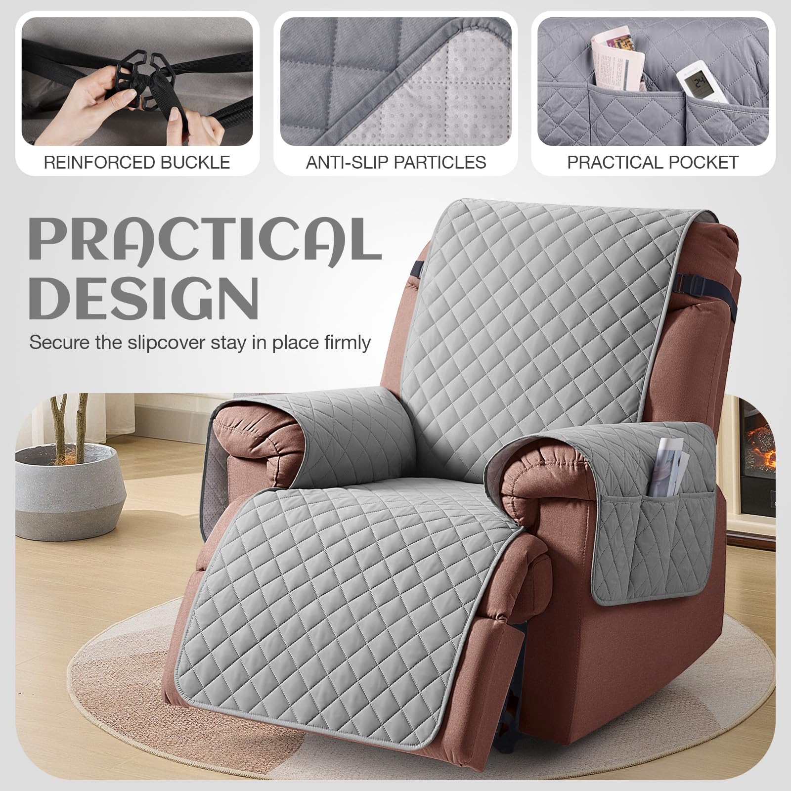 KinCam 100% Waterproof Recliner Chair Cover, Reclining Couch Covers for Pets, Dogs, Recliner Couch Slipcover Furniture Protector with Elastic Straps for Kids(23.6", Beige White)