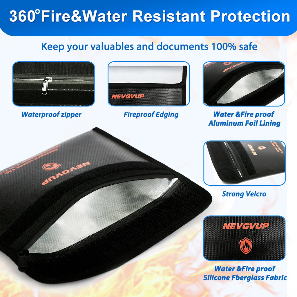 Fireproof Money Bag 4200°F - Heat Insulated, 9.8 x 6.5" Small Fireproof Document Bags with Waterproof Zipper, Fire proof Bag with Reflective Strip and Fireproofs Edeging, Fire Pouch Set for Valuables