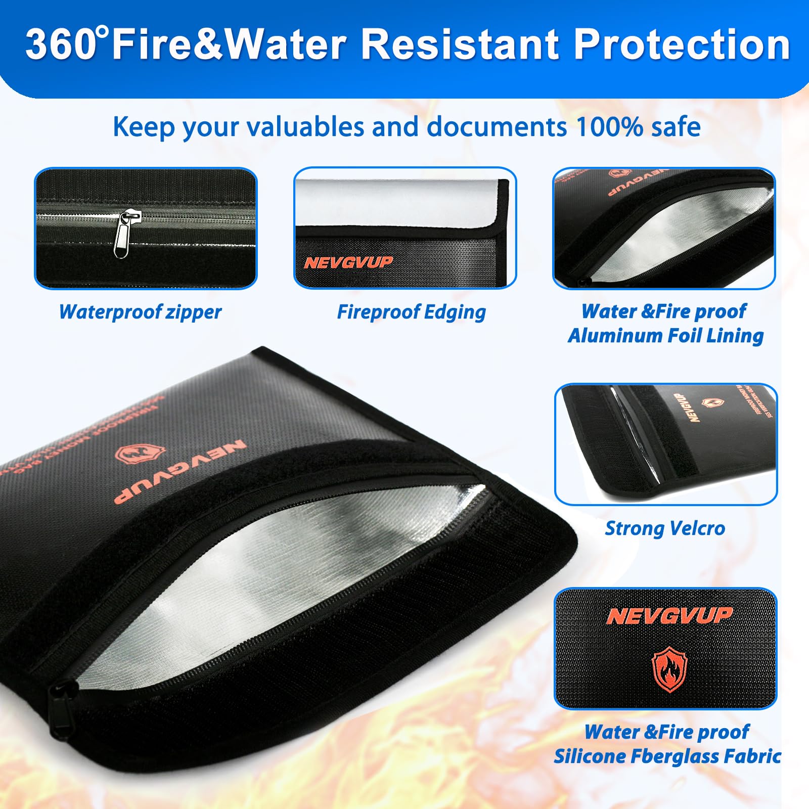 Fireproof Money Bag 4200°F - Heat Insulated, 9.8 x 6.5" Small Fireproof Document Bags with Waterproof Zipper, Fire proof Bag with Reflective Strip and Fireproofs Edeging, Fire Pouch Set for Valuables