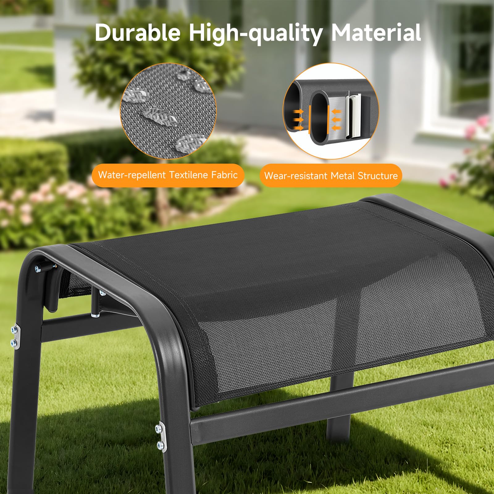ONBRILL Outdoor Ottoman Set of 2, All Weather Outdoor Foot Stool with Supportive Textliene and Metal Frame, Stackable Oversized Outdoor Foot Rest for Furniture Patio Garden Pool, Beige