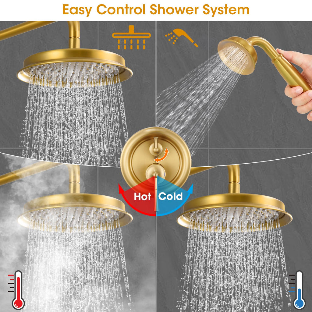 Rainfall Shower Head with Handheld Combo, Brushed Gold Shower System with Balance Pressure Valve, 9 inch Shower Head and Faucet Set, Rain Shower Head with Handheld Spray Wall Mount(B2312-BG)