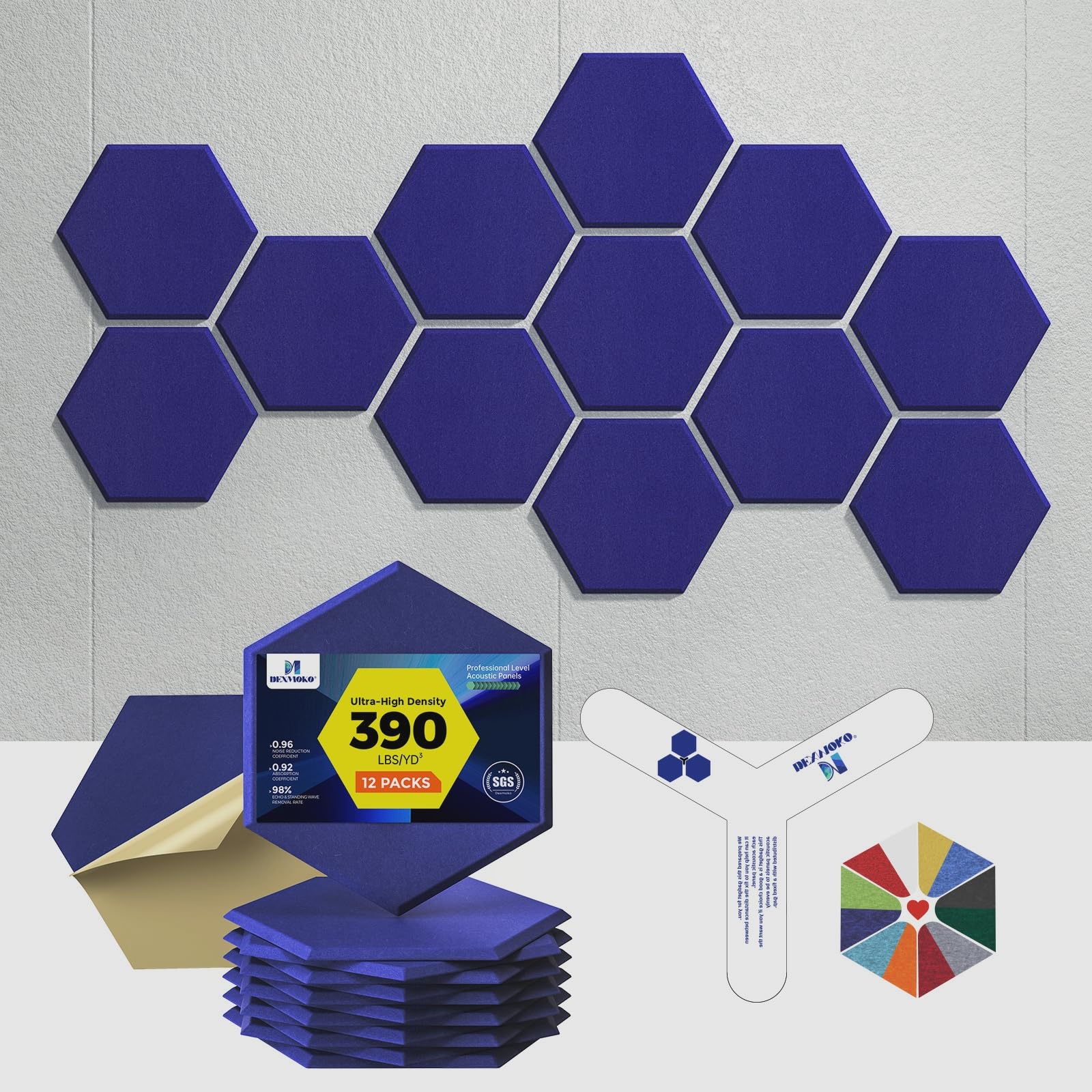Self-Adhesive Acoustic Panels [390 lbs/yd³ Ultra-High Density], 2nd Generation Sound Absorbing Panel, Professional Level Sound Panel, Polyester Soundproof Foam [Medium Hexagon, Beige]