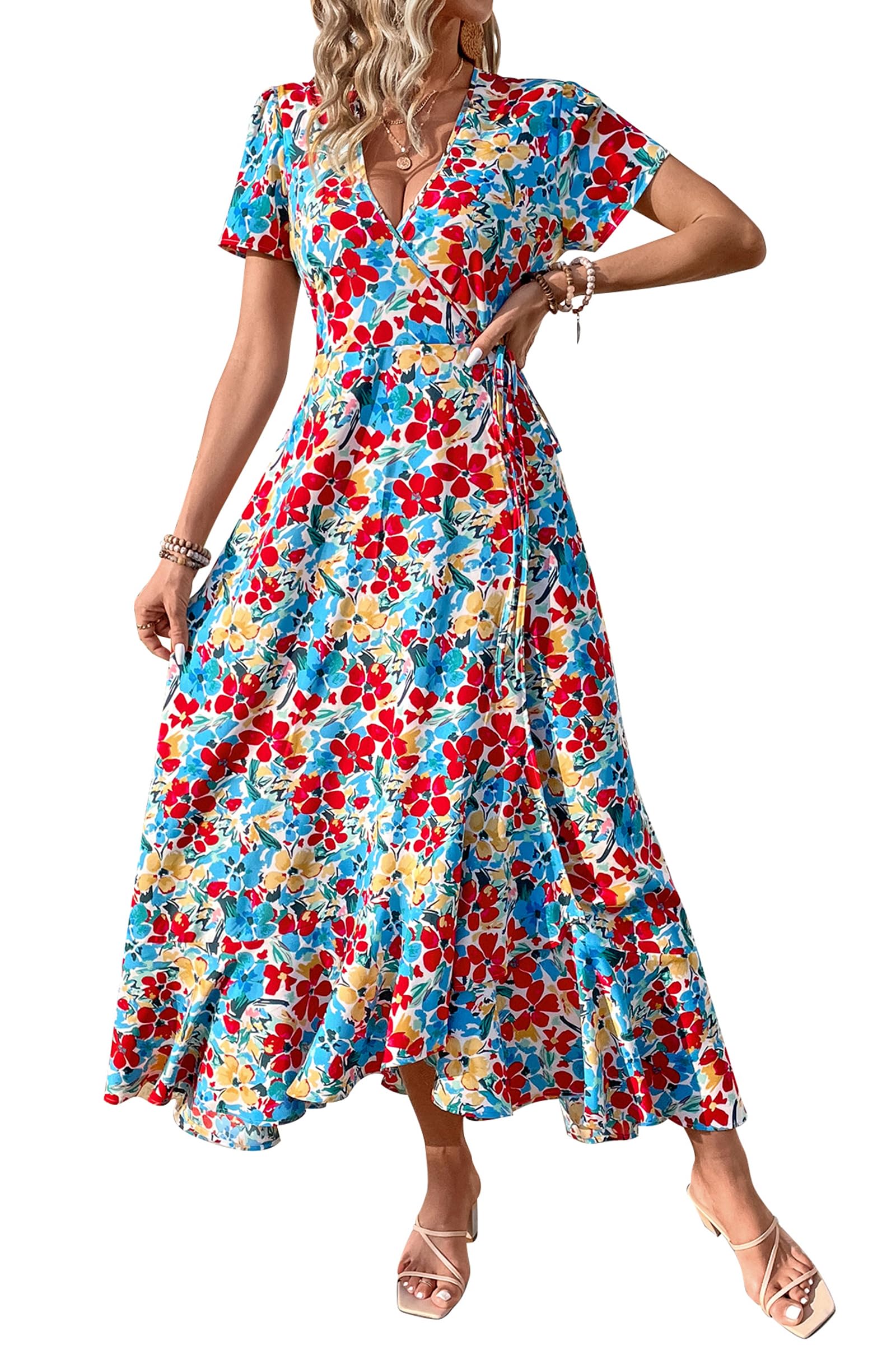 PRETTYGARDEN Women's Boho Floral Maxi Dress Summer Short Sleeve Wrap V Neck Long Flowy Beach Vacation Wedding Guest Dresses