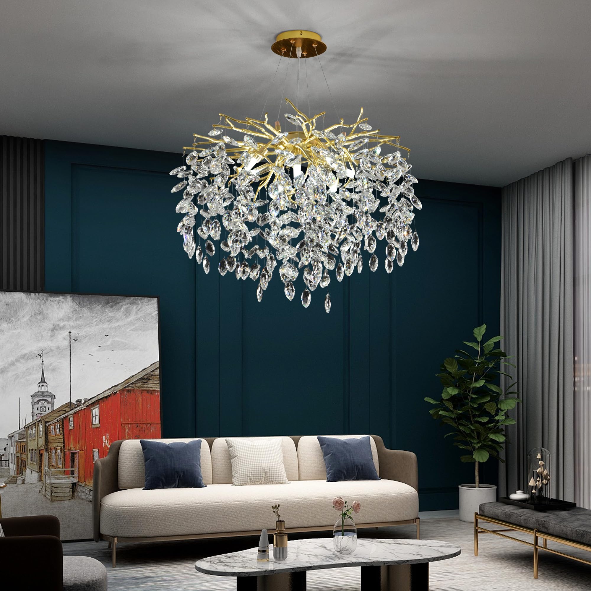Modern Crystal Raindrop Chandelier, L40'' Black Linear Rectangle Art Deco Tree Branch Lighting Fixture for Kitchen Island Living Room Foyer Staircase 10 Lights