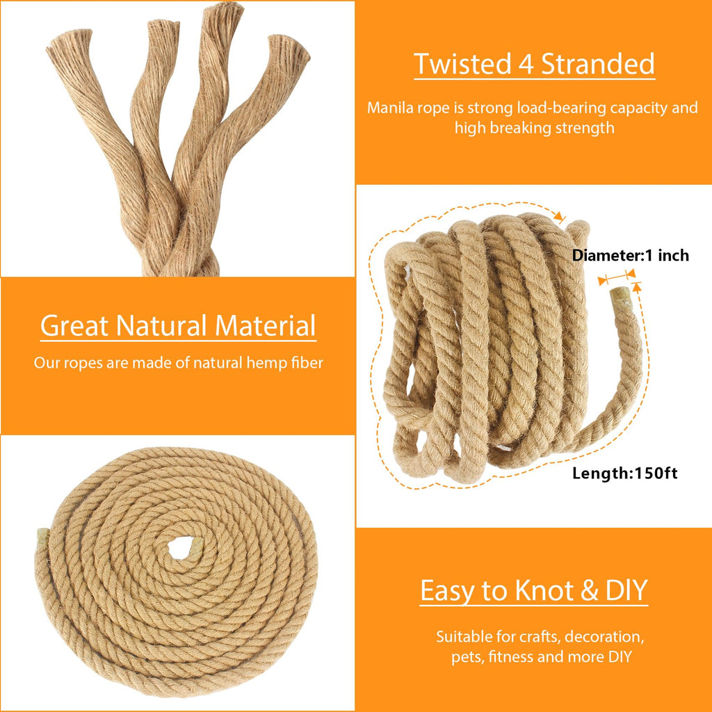 Manila Rope 2 Inch X 50 Ft, Thick Hemp Rope 4 Strand Twisted, Natural Hemp for Crafts Heavy Duty Multipurpose for Swing Bed, Camping, Tug of War, Docks, DIY Projects.