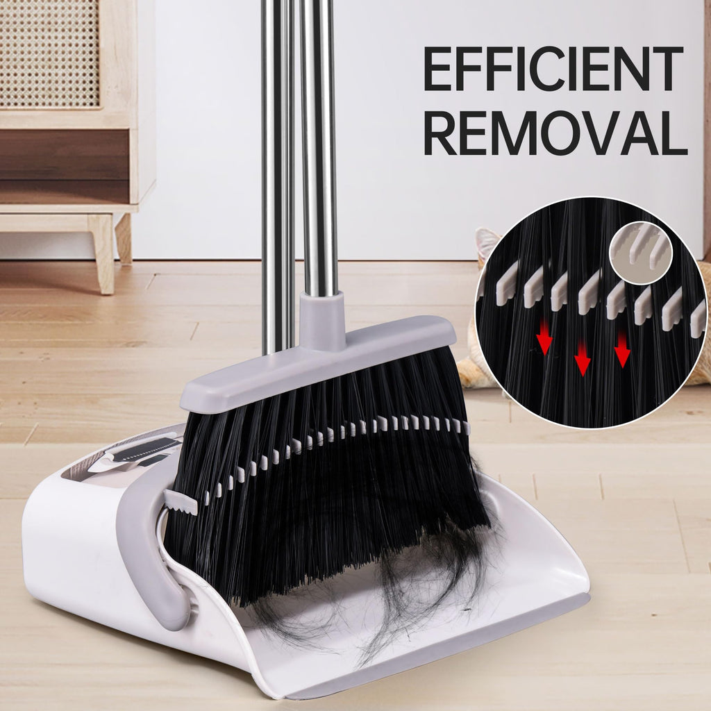 Broom with Dustpan Combo Set, Hand Broom and Dustpan Set for Sweeping Indoor Angle Broom for Home Office Kitchen Lobby Floor Pet Hair Indoor&Outdoor Cleaning (White&Gray)