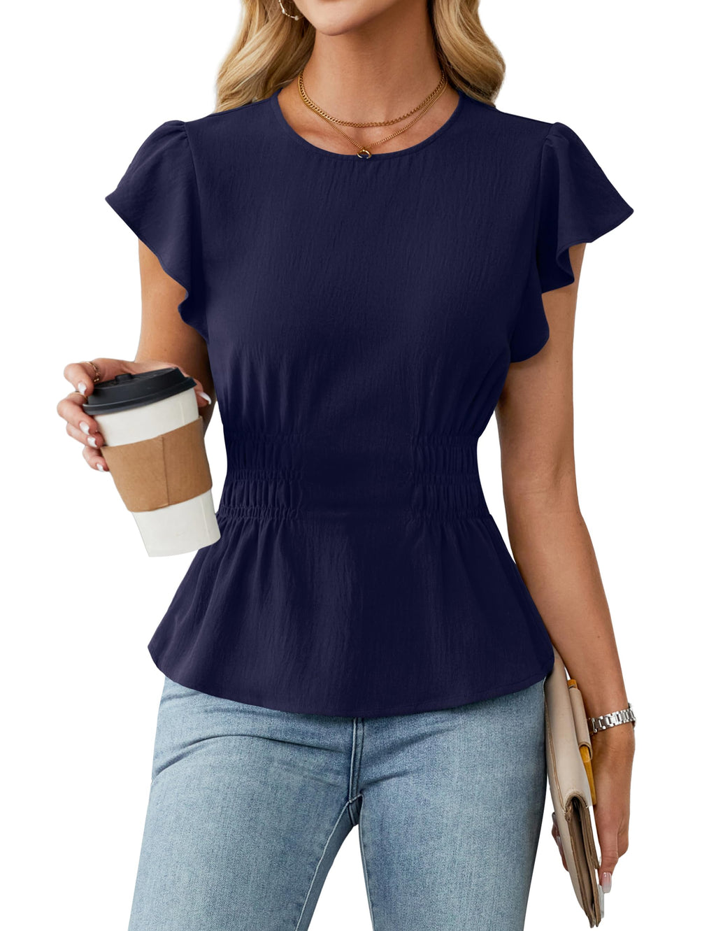 Blooming Jelly Women's Dressy Casual Blouses Business Ruffle Short Sleeve Tops Summer Crew Neck Smocked Shirts