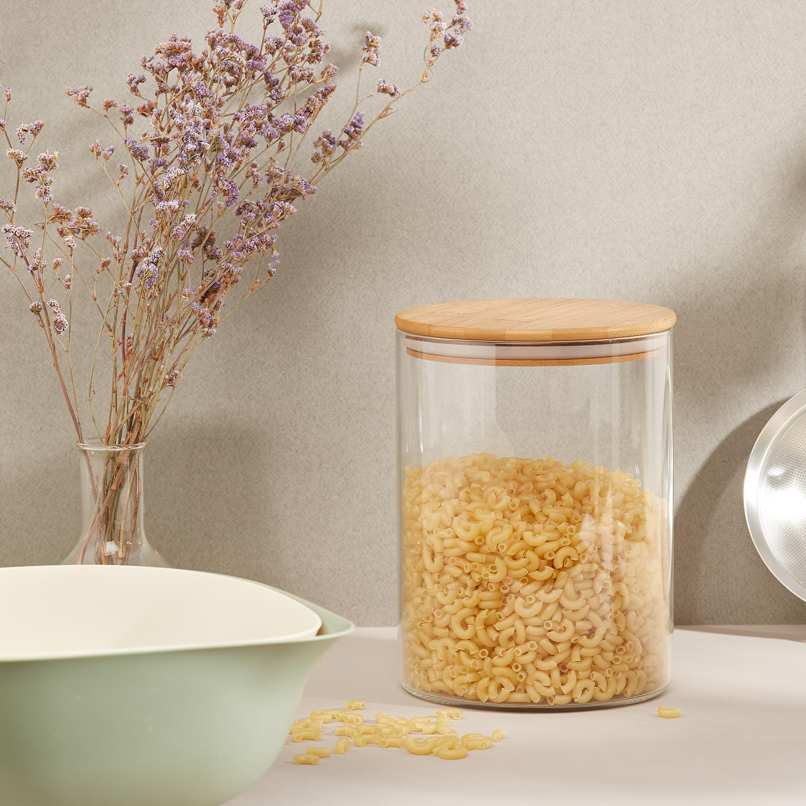 SHOWIN 73oz Glass Pasta Storage Jars, Tall Glass Jars with Bamboo Lids, Spaghetti Container, Set of 3, Kitchen Storage Containers for Pasta, Pantry Organizers