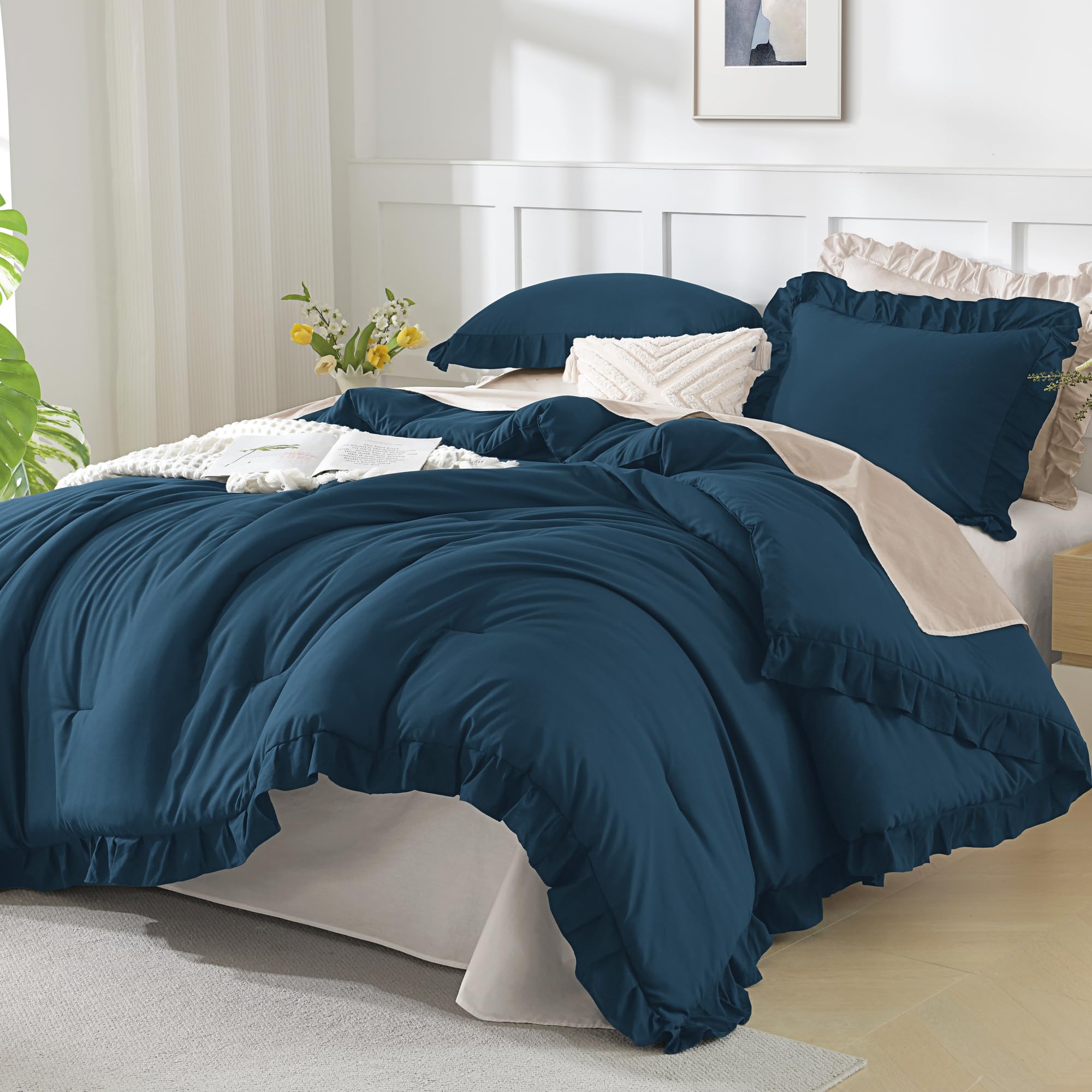 Andency Beige Twin Size Ruffle Comforter, 2 Pieces Farmhouse Shabby Classic Bed Set for Kids, Lighteweight Soft Polyester Bedding Set for Girls(1 Ruffle Comforter and 1 Pillowcase)
