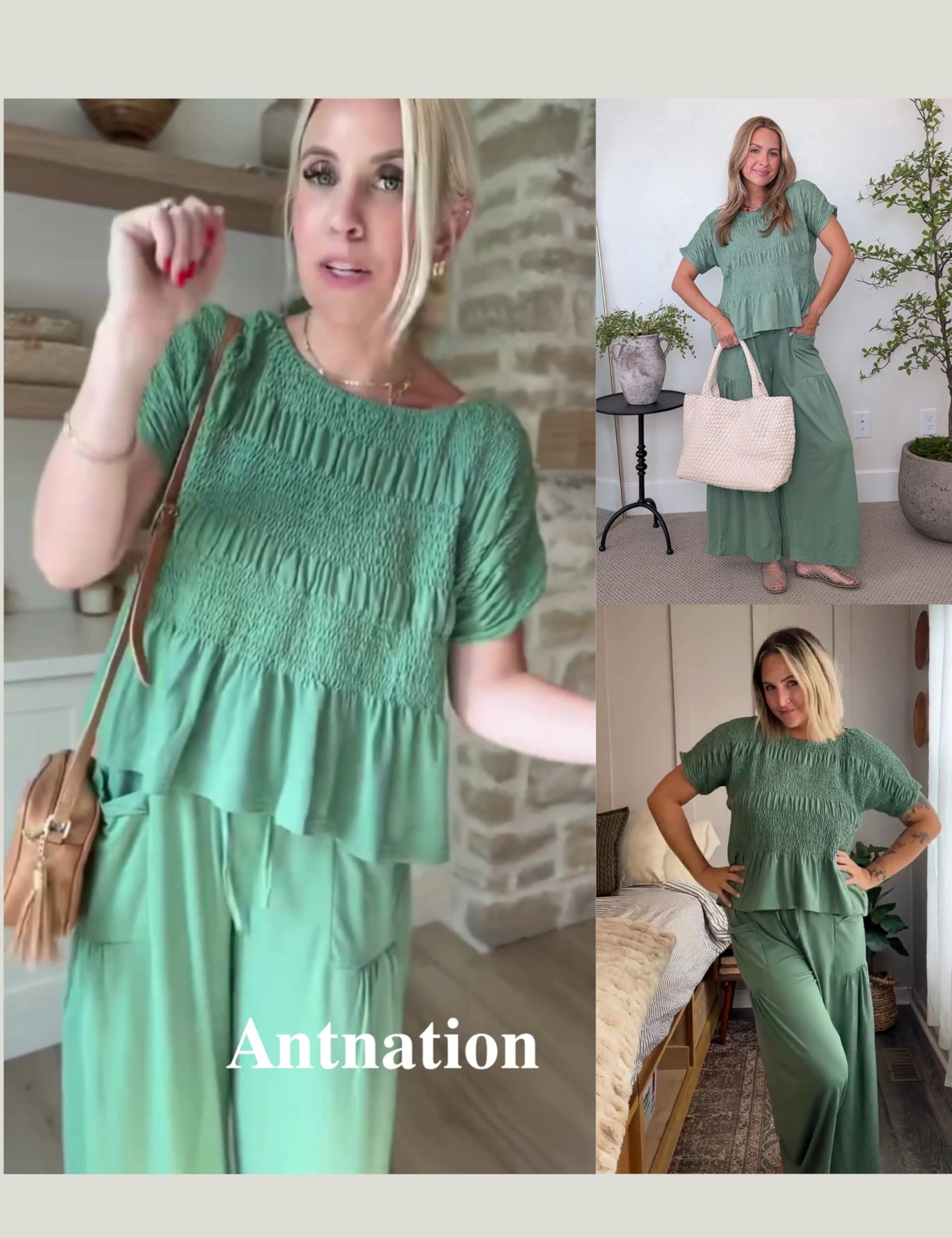 Antnation Womens 2 Piece Smocked Top Wide-Leg Pants Set High-Waisted Lounge Outfit with Pockets Casual Boho Matching Set