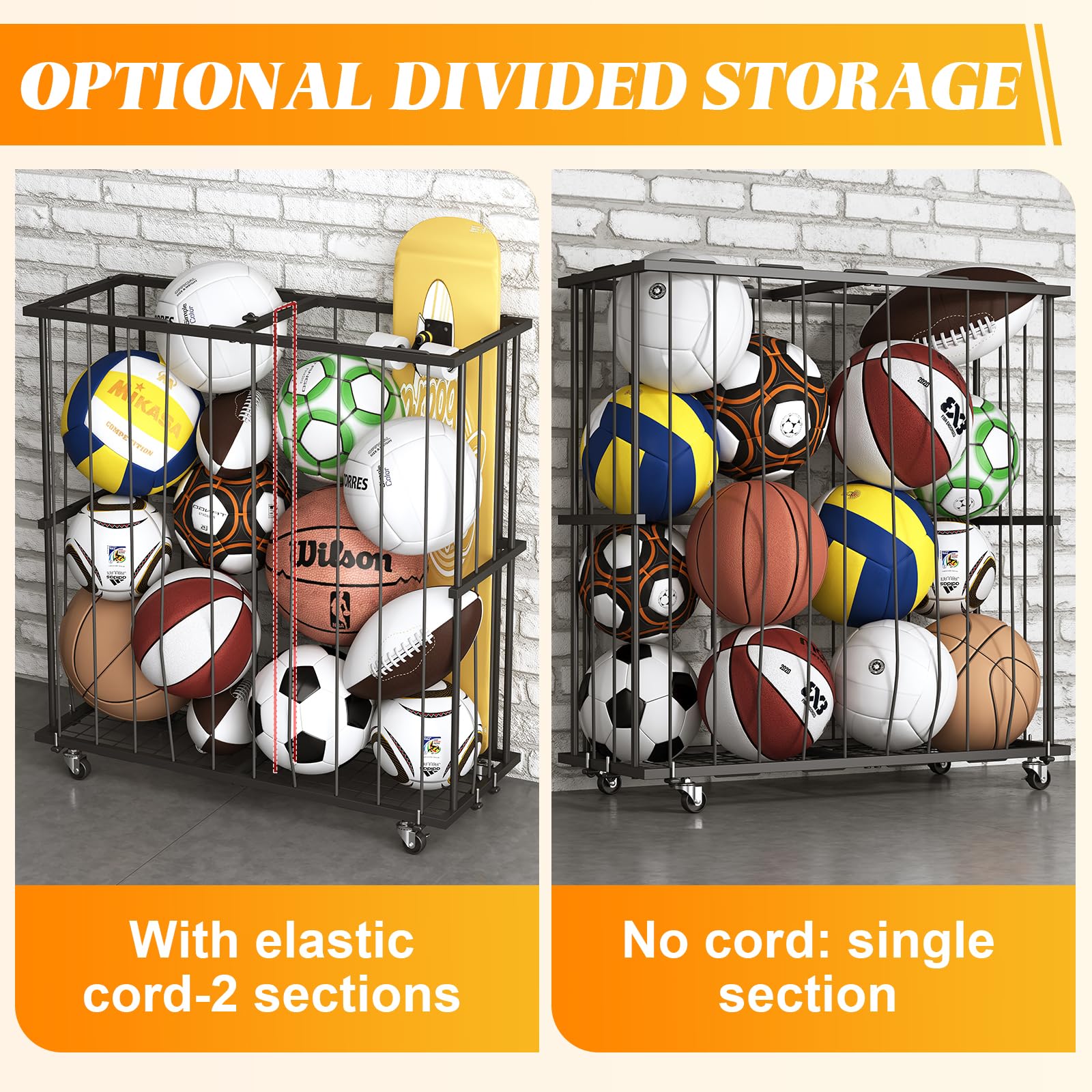Hencawima Garage Ball Storage: Round Sports Equipment Organizer with Wheels, Sports Ball Rack With Elastic Rope, Ball Holder for Basketball, Soccer, Volleyball, Football, Garage, Gym, Outdoor (Black)