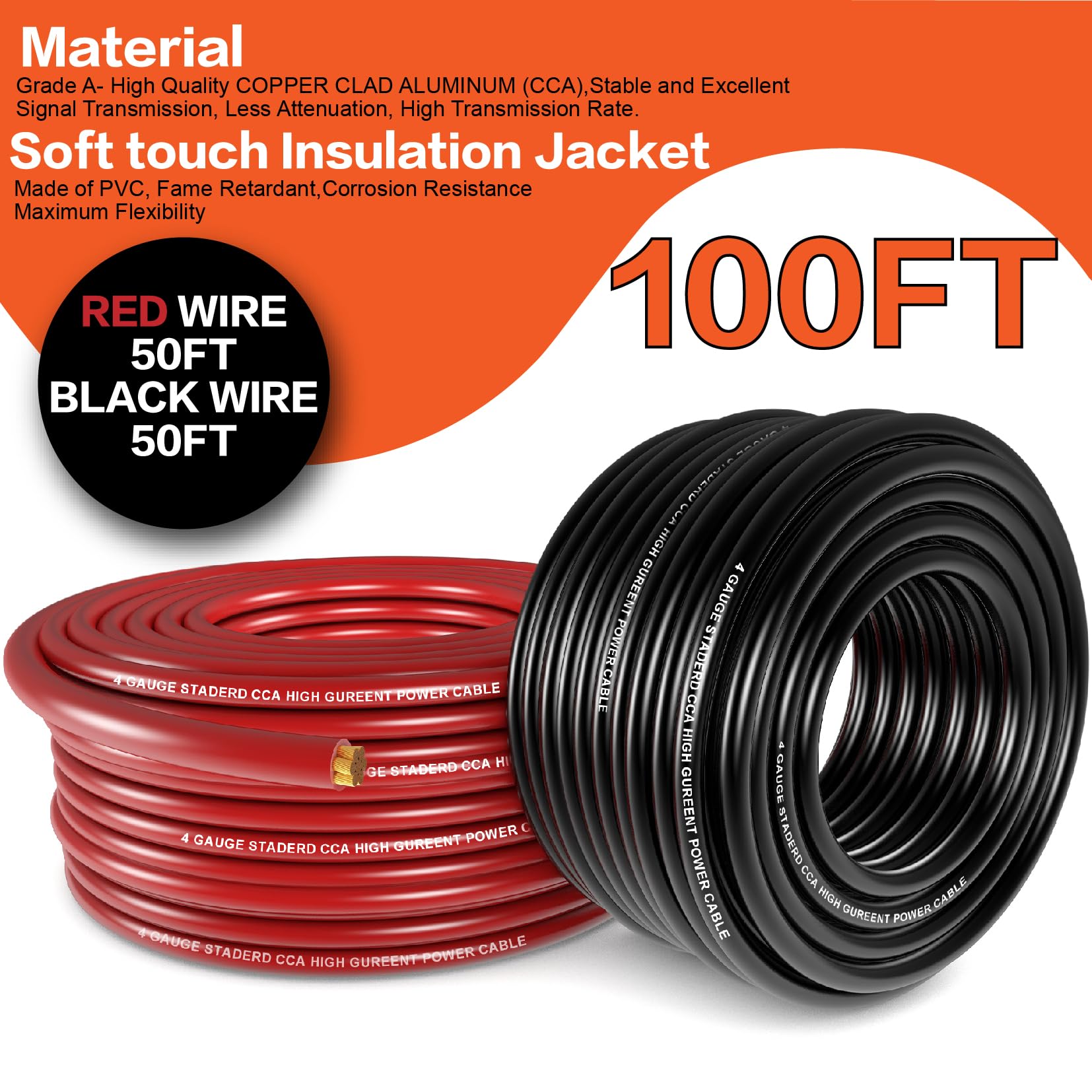4 Gauge Wire (50ft Each - Red/Black) Copper Clad Aluminum CCA with Cable Cutter,Lugs Terminal Connectors and Heat Shrink Tube - Battery Power/Ground Cable,Car Audio Speaker,RV Trailer Amp Wiring kit