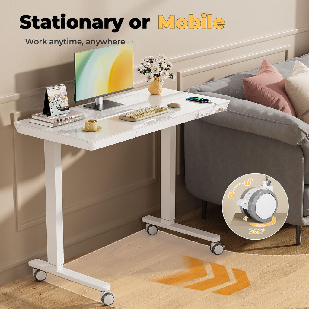 Glass Electric Standing Desk with Drawer, 35" x 20" Whole Piece Tabletop Samll Sit Stand Table, Height Adjustable Workstation with Storage & USB Ports, Quick Install Home Office Desk