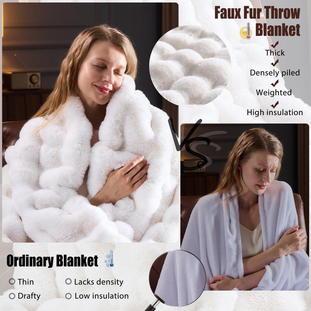 Faux Fur Throw Blanket for Couch, Fluffy Fuzzy Plush Bubble Blanket, Soft Warm Cozy Shaggy Rabbit Blanket, Luxury Decorative Gifts for Sofa Bedroom Living Room, 60x50inch (Beige)