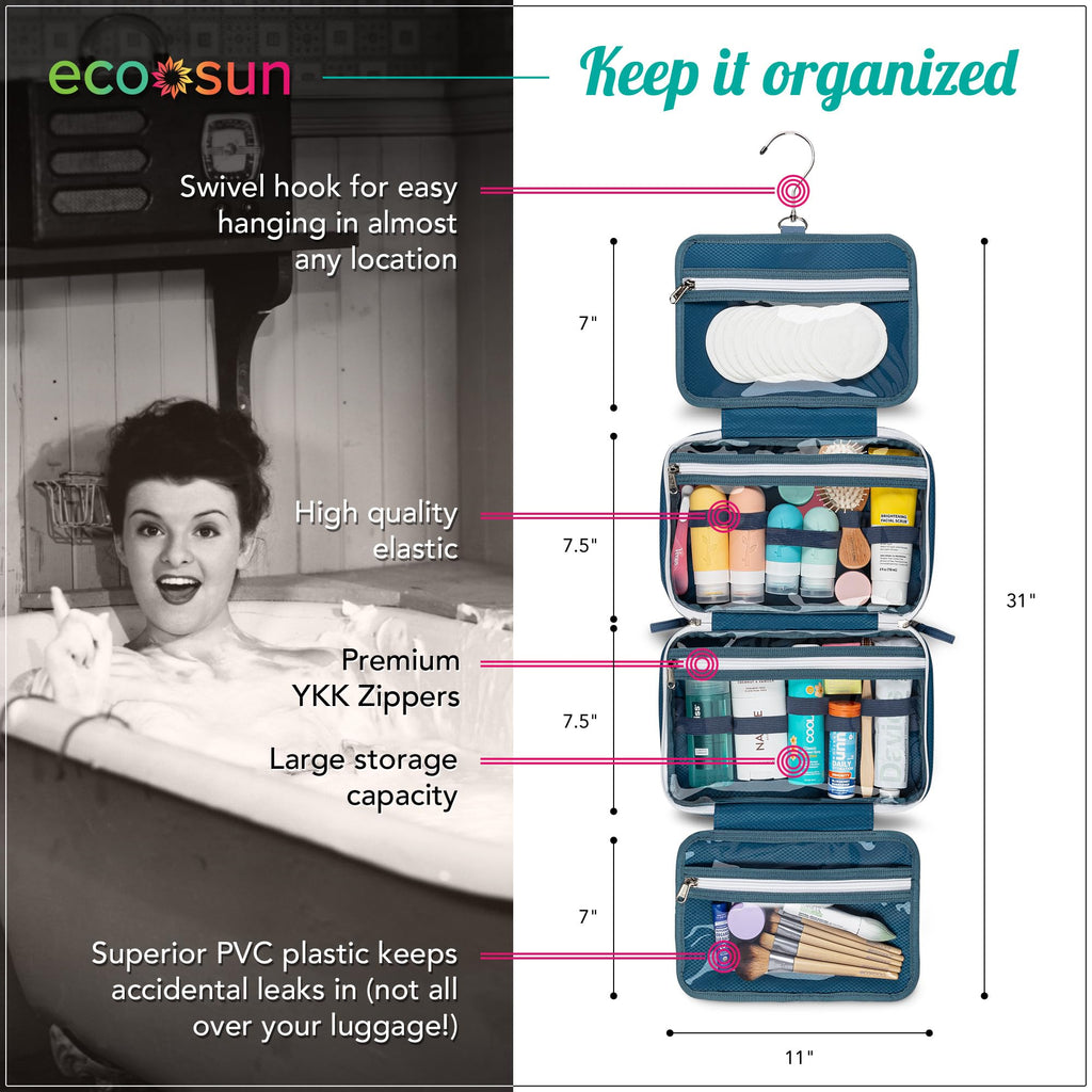 Eco Sun Hanging Travel Toiletry Bag — Designed in Hawaii — Water-resistant Travel Organizer for Bathroom Accessories (Black)