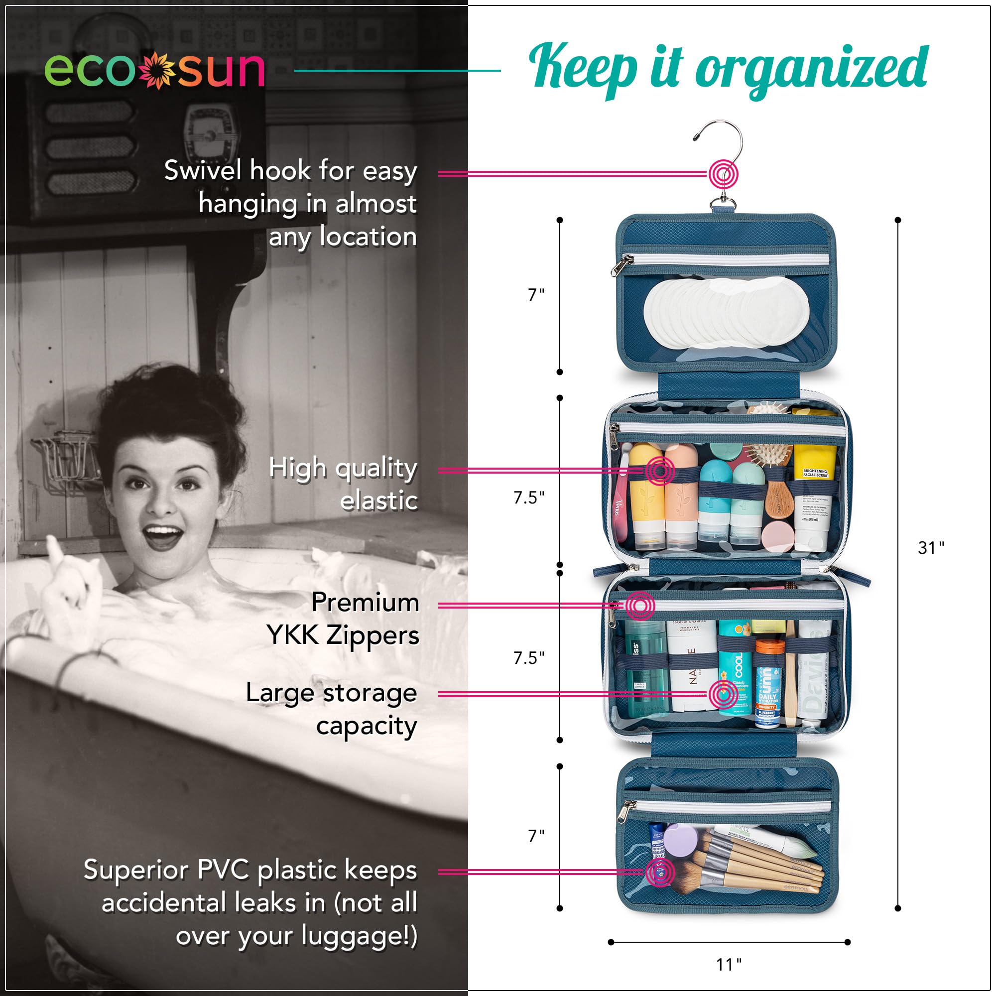 Eco Sun Hanging Travel Toiletry Bag — Designed in Hawaii — Water-resistant Travel Organizer for Bathroom Accessories (Black)
