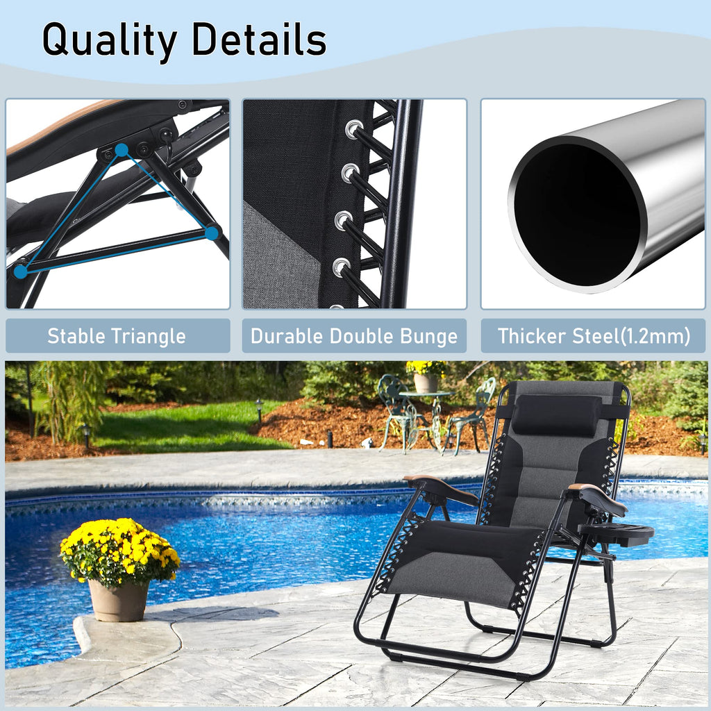 PHI VILLA XXL Oversized Padded Zero Gravity Chair Set of 2, Foldable Patio Recliner, 30" Wide Seat Anti Gravity Lounger with Armrest and Cup Holder, Support 400 LBS (Aqua Blue)