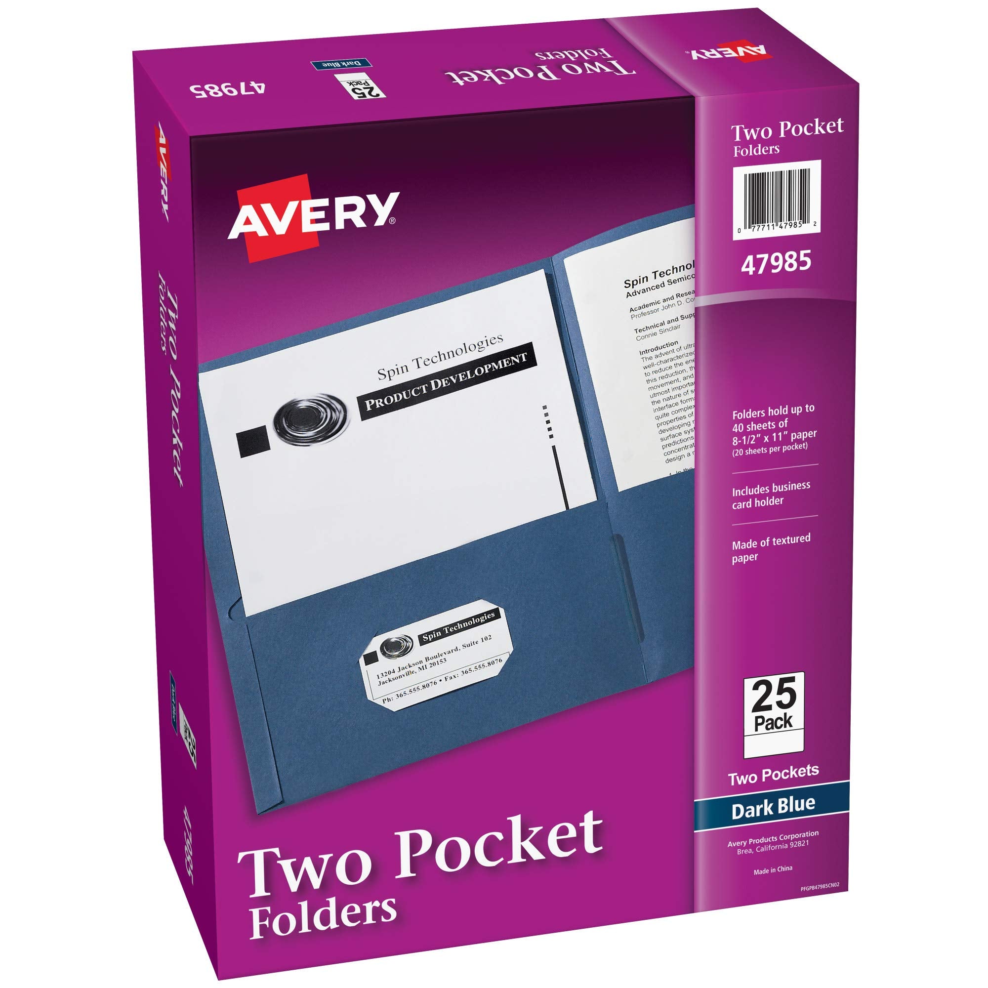 Avery Two Pocket Folders, Holds up to 40 Sheets, Business Card Slot, Ideal for Portfolios, Presentations and School, Dark Blue, Box of 25 (47985)