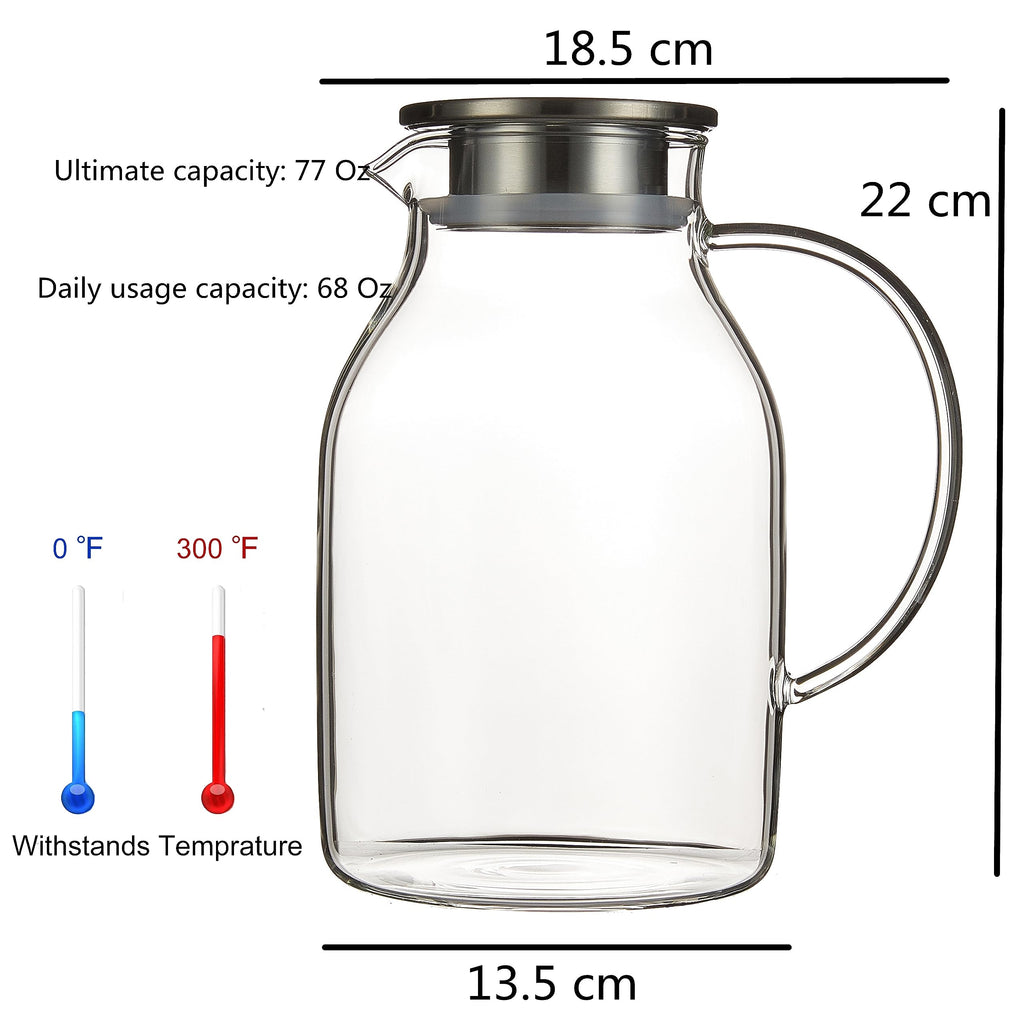 Karafu 68 Oz/2 Liter Glass Pitcher with Lid, Heat Resistant Water Jug for Hot/Cold Water, Ice tea and Juice Beverage