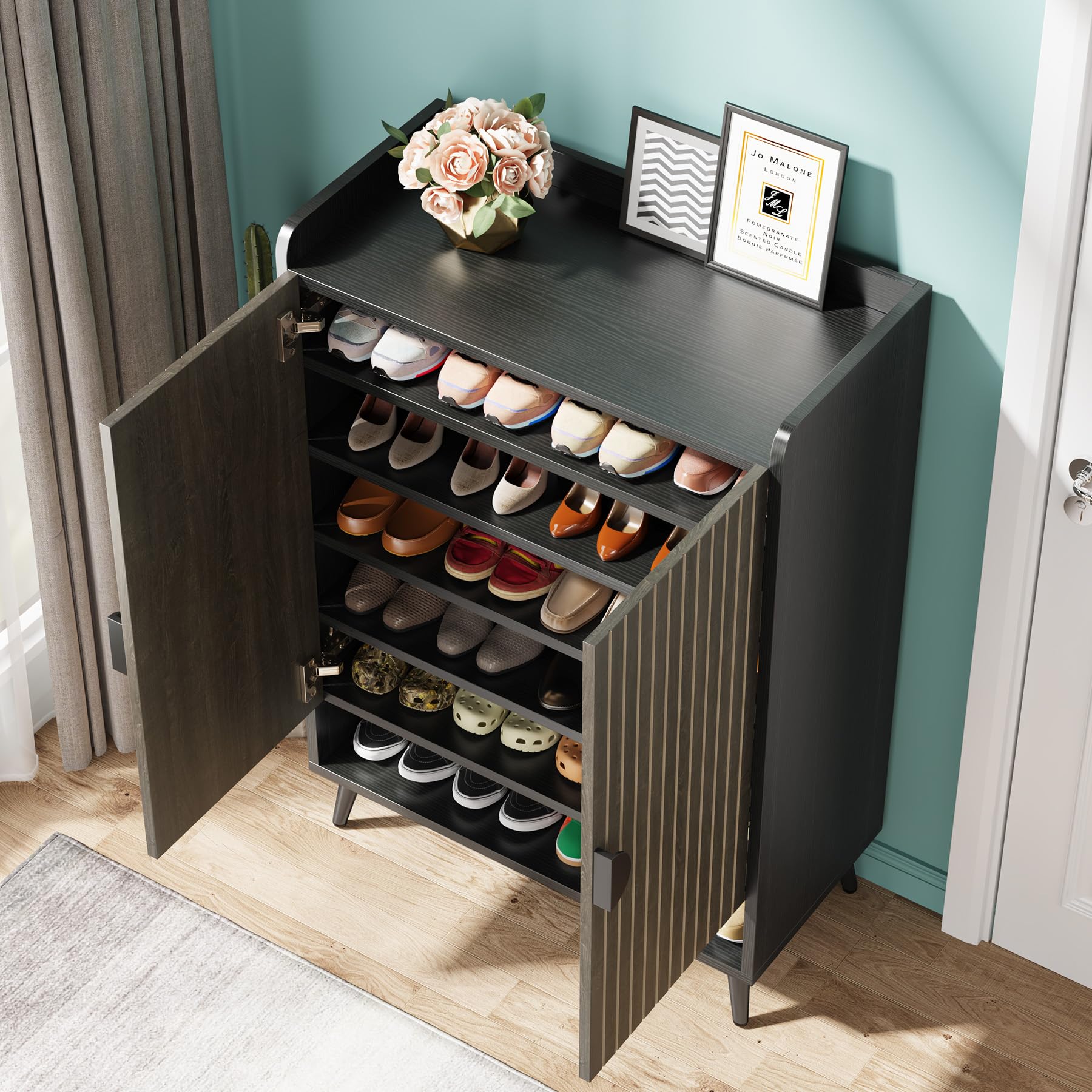 Tribesigns Shoe Cabinet with Doors, 7-Tier Shoe Storage Cabinet with Adjustable Shelves, Wooden Shoes Rack Shoe Storage Organizer for Entryway, Hallway, Closet, Living Room, Black
