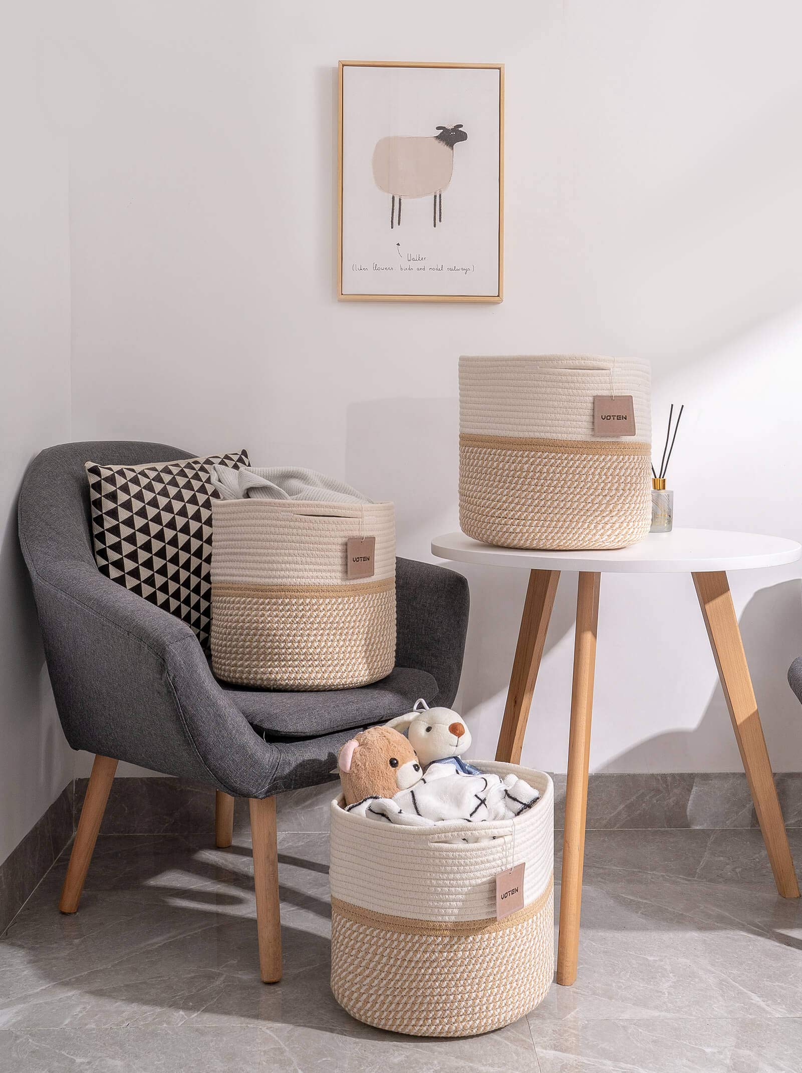 voten Cube Storage Baksets Bins 11x11’’ Fit 12x12’’ Organizer Bookcases Shelving,Stylish&Durable Woven Cotton Basket Containers for Organizing 3-Pack Off White/Mixed Camel