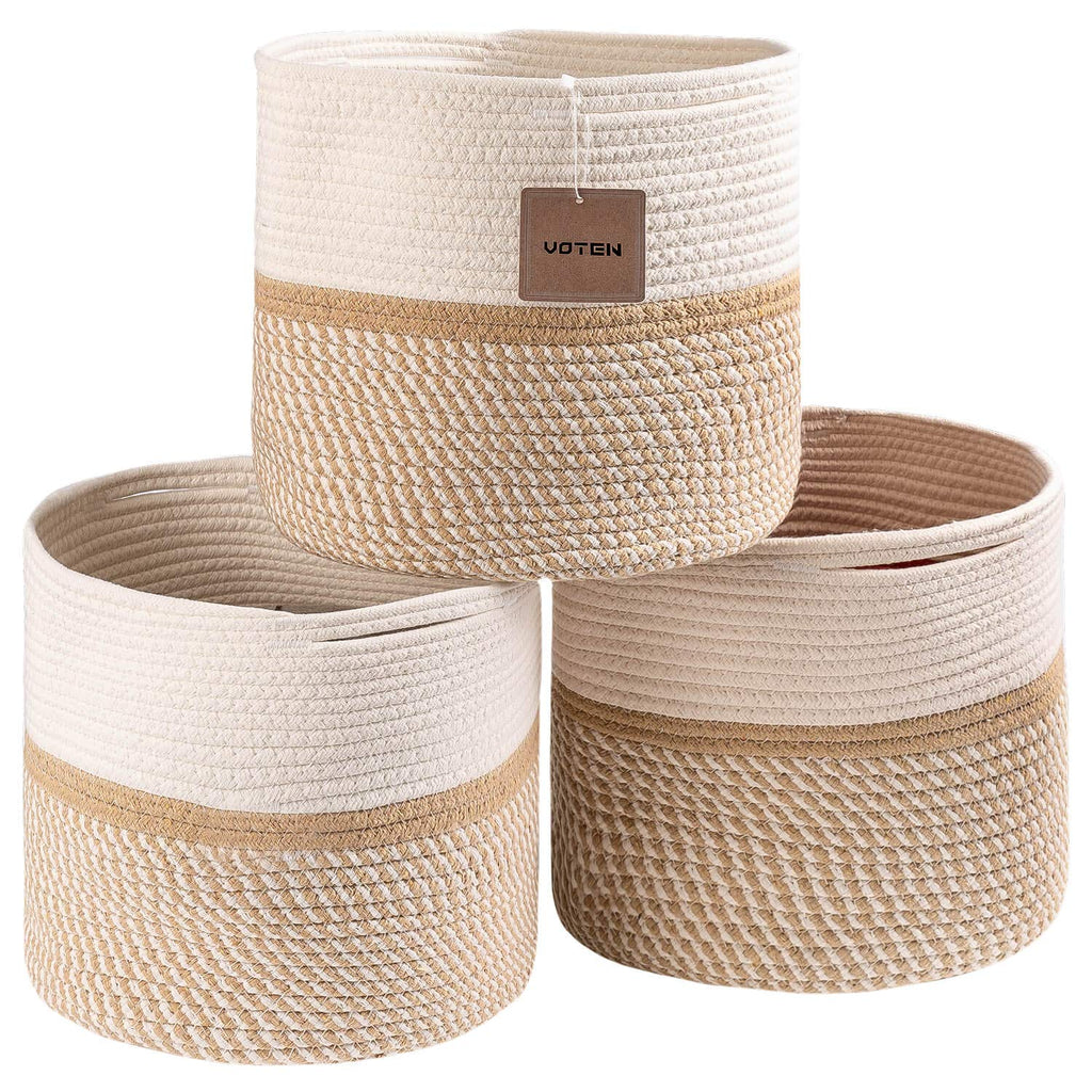 voten Cube Storage Baksets Bins 11x11’’ Fit 12x12’’ Organizer Bookcases Shelving,Stylish&Durable Woven Cotton Basket Containers for Organizing 3-Pack Off White/Mixed Camel