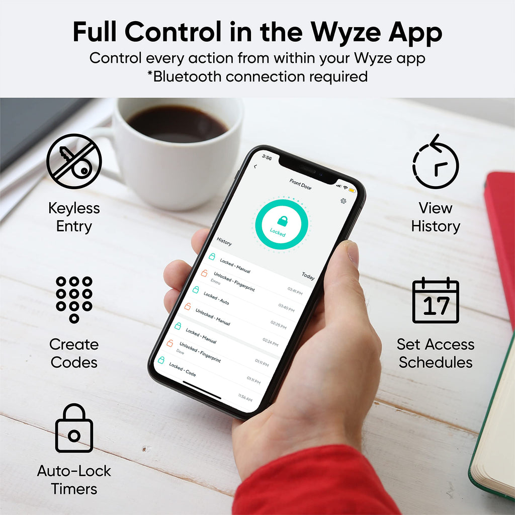 Wyze Auto-Lock Bolt, Fingerprint Keyless Entry Door Smart Bluetooth Deadbolt Replacement, Backlit Keypad, IPX5 Weatherproof, in-App History and Scheduled Access, BHMA, UL 20-Min Fire Rated