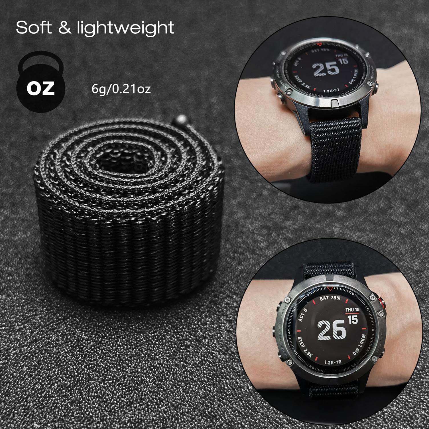 Abanen Hook and Loop Quick Dry Watch Band for Fenix 8 47mm/ epix Pro 47mm / Fenix 7/6/5, 22mm Woven Nylon Ultralight Sport Wristband Strap for Garmin Instinct 2, Instinct 3 45mm