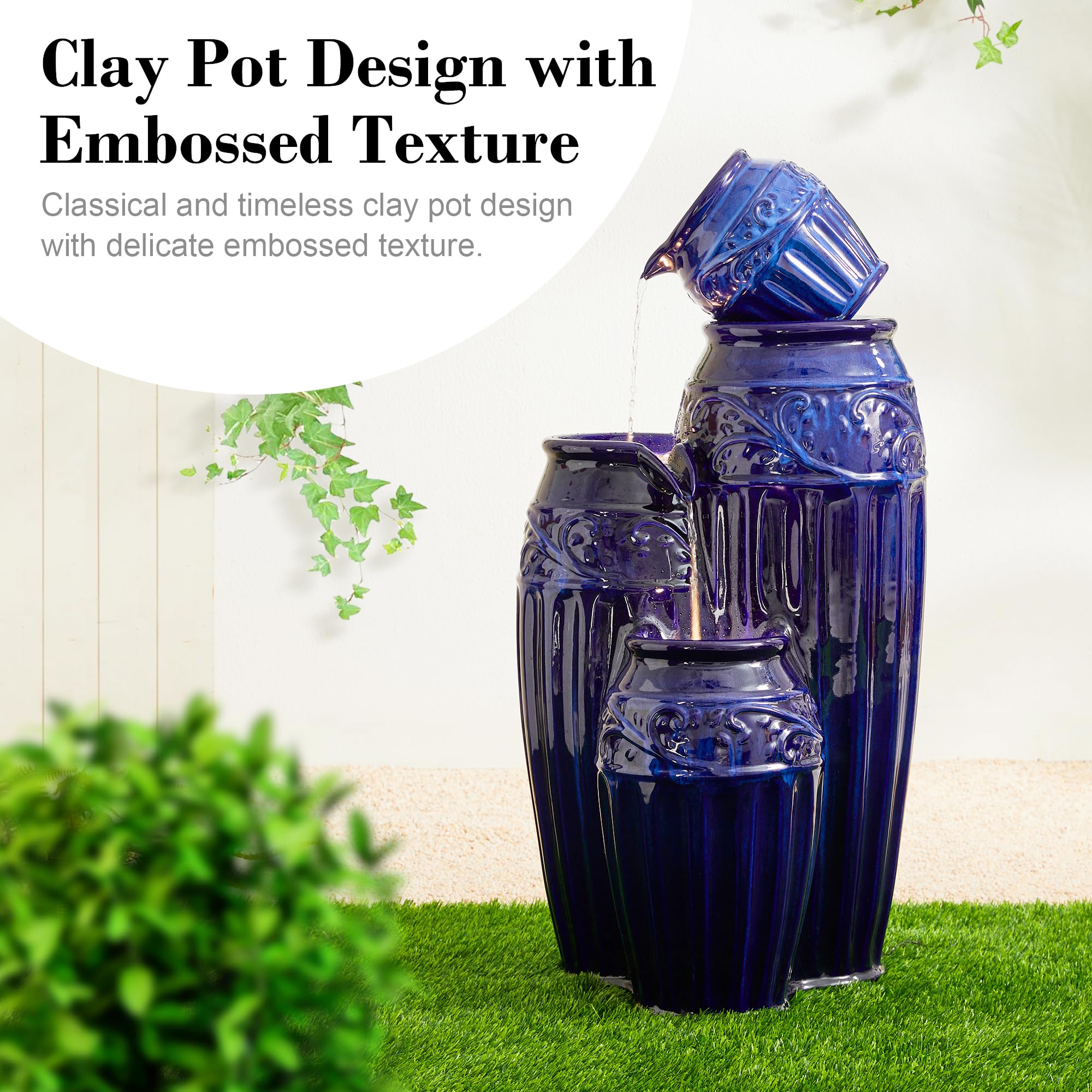 Glitzhome 27.25" H Outdoor Garden Water Fountain with LED Lights and Pump, 4 Tier Cobalt Blue Embossed Pattern Ceramic Pots Cascading Floor Standing Fountain for Porch Deck Patio Backyard Decoration