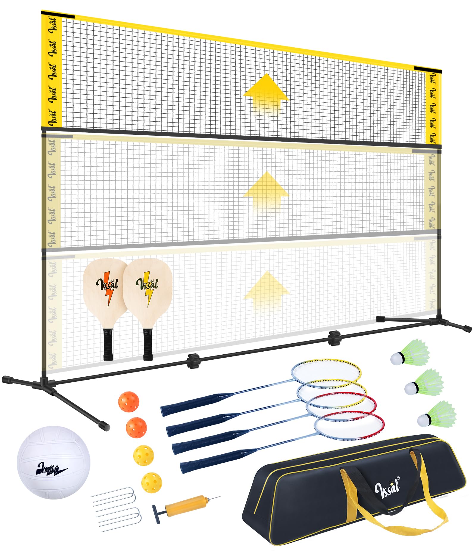 3-in-1 Portable Badminton, Volleyball & Pickleball Net Set for Adults, Adjustable Height 34"–7 ft for Backyards or Beach, Outdoor Sports Combo with Carry Bag, Rackets, Paddles & Balls