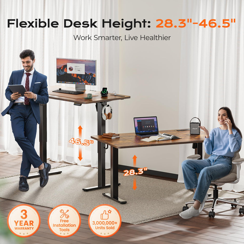 Huuger 48 x 28 Large Electric Standing Desk, Height Adjustable Desk, 27.6" Deep Desktop, Stand up Gaming, 2 Hooks, 3 Preset Heights, for Home Office, Black