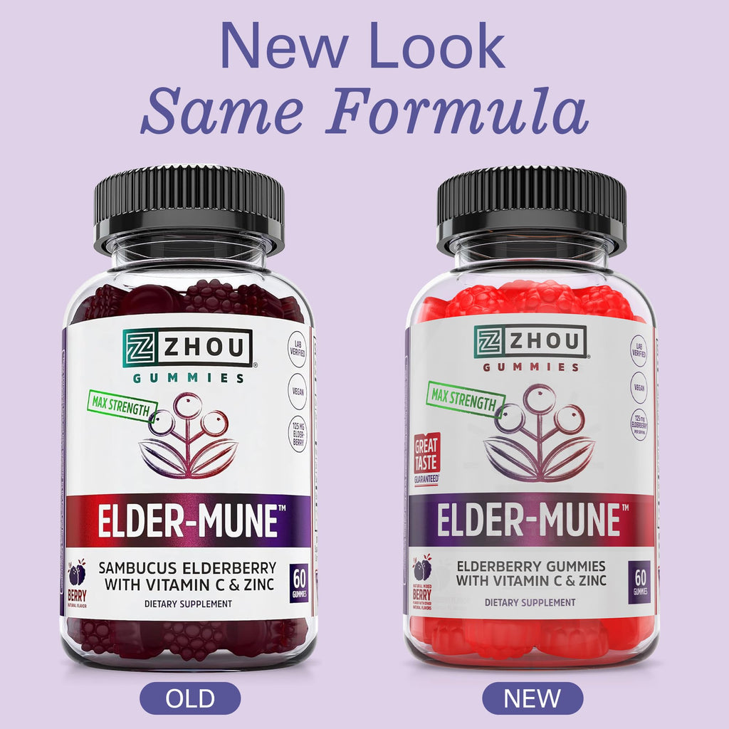 Zhou Elder-Mune Elderberry Gummies with Vitamin C and Zinc - Daily Immune Support Supplement for Women & Men, Chewable Natural Black Elderberry for Adults & Children 4 & Up - 60 Gummies