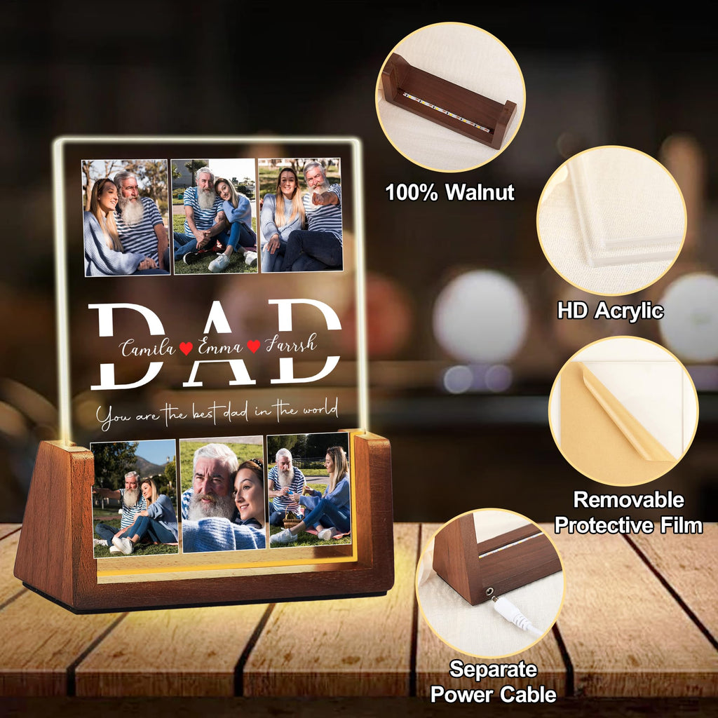 Personalized Fathers Day Birthday Gifts For Daddy Dad From Daughter Son Wife, Custom Acrylic Plaque Light Up Picture Frame, Customized Dad Gifts For Husband Men Papa Fathers Day Christmas