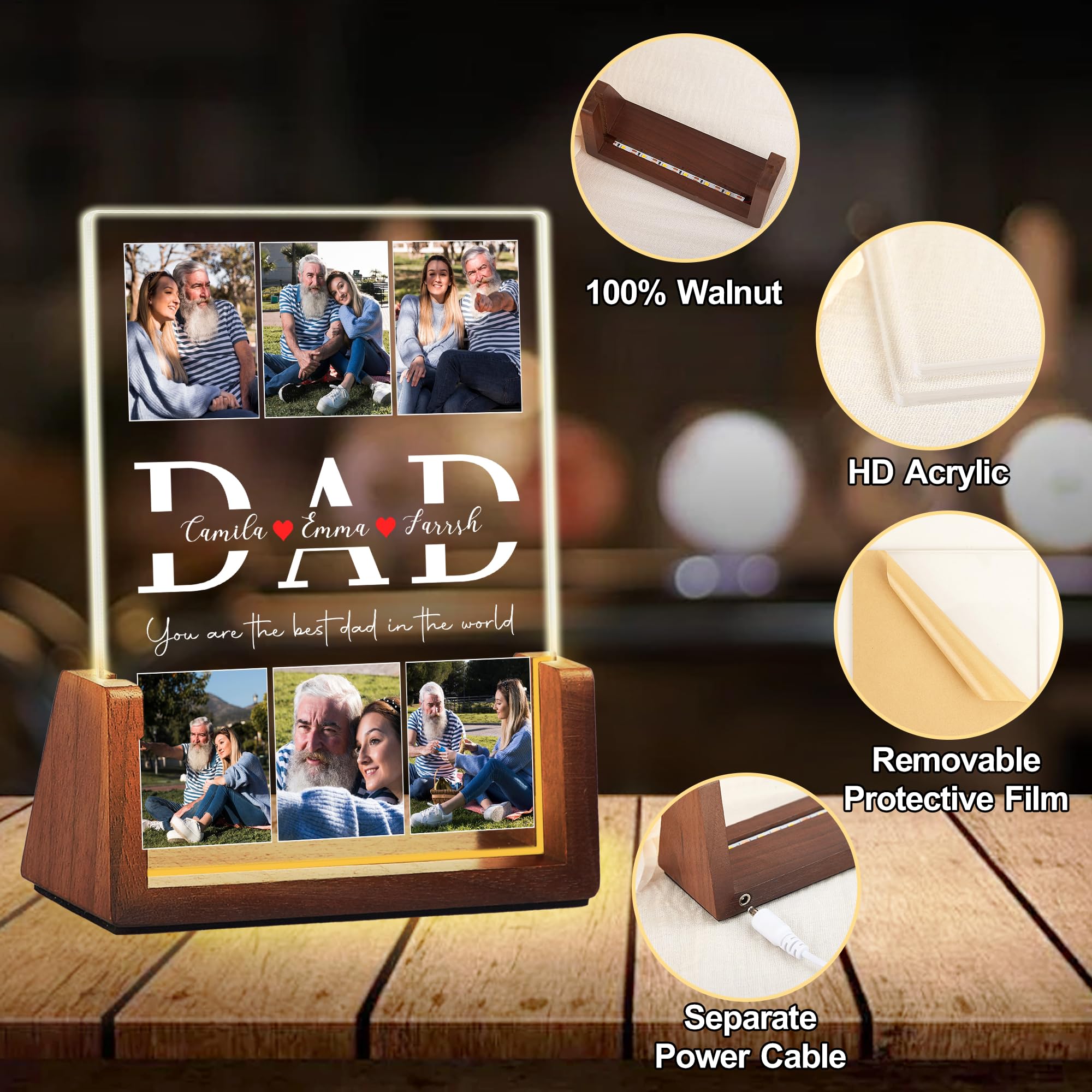 Personalized Fathers Day Birthday Gifts For Daddy Dad From Daughter Son Wife, Custom Acrylic Plaque Light Up Picture Frame, Customized Dad Gifts For Husband Men Papa Fathers Day Christmas